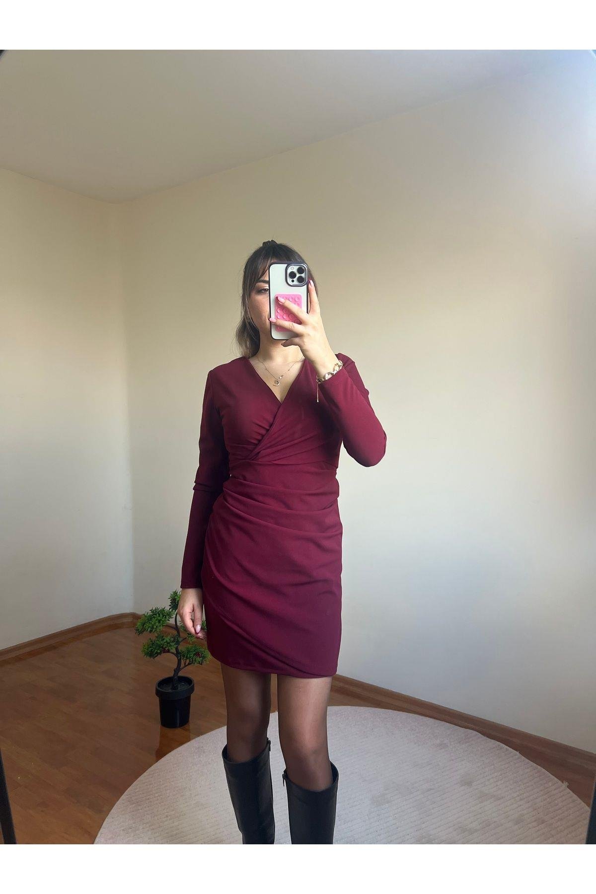 Bordo Drapeli Elbise
