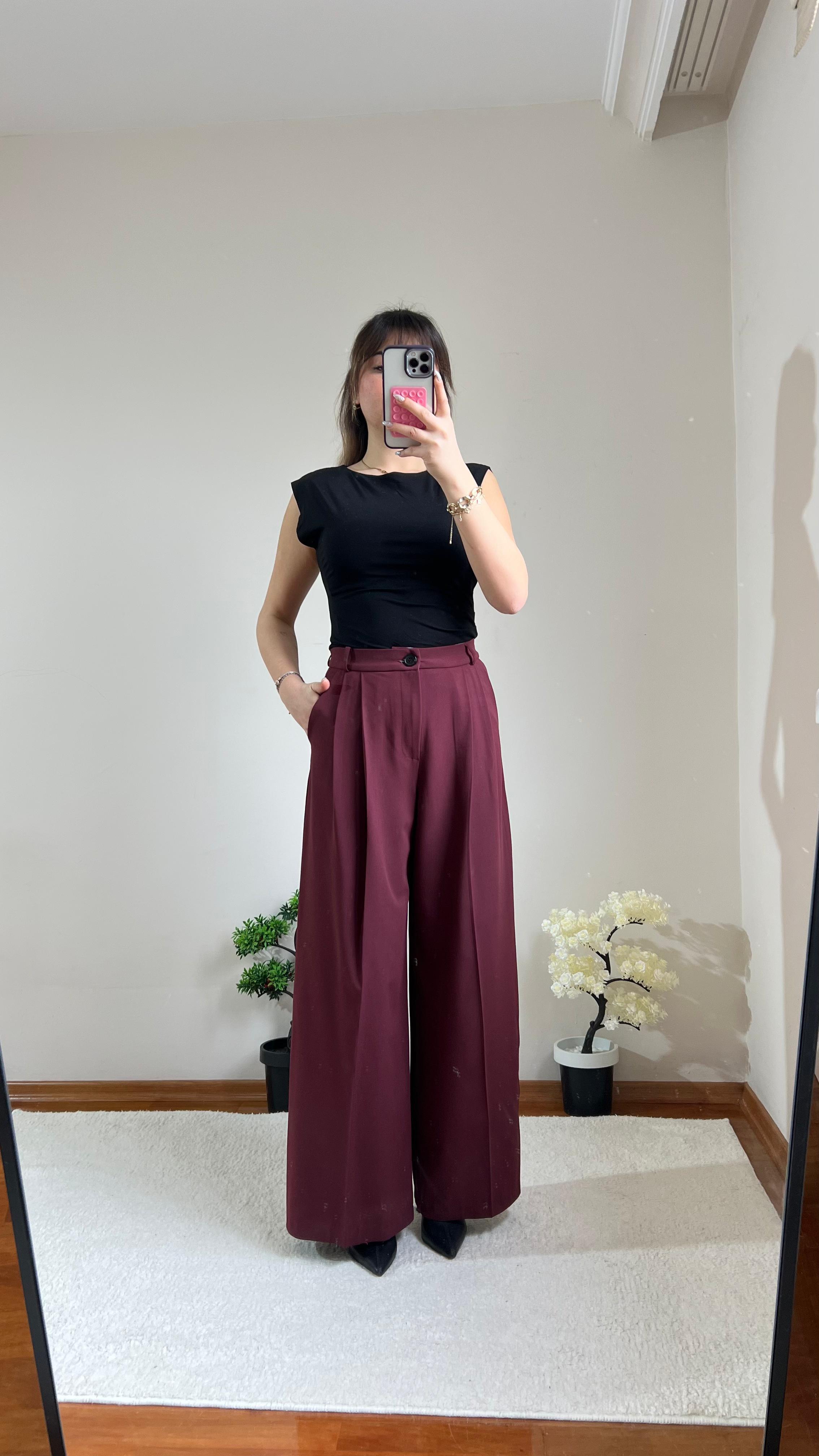 Bordo Krep Kumaş Palazzo Pantolon