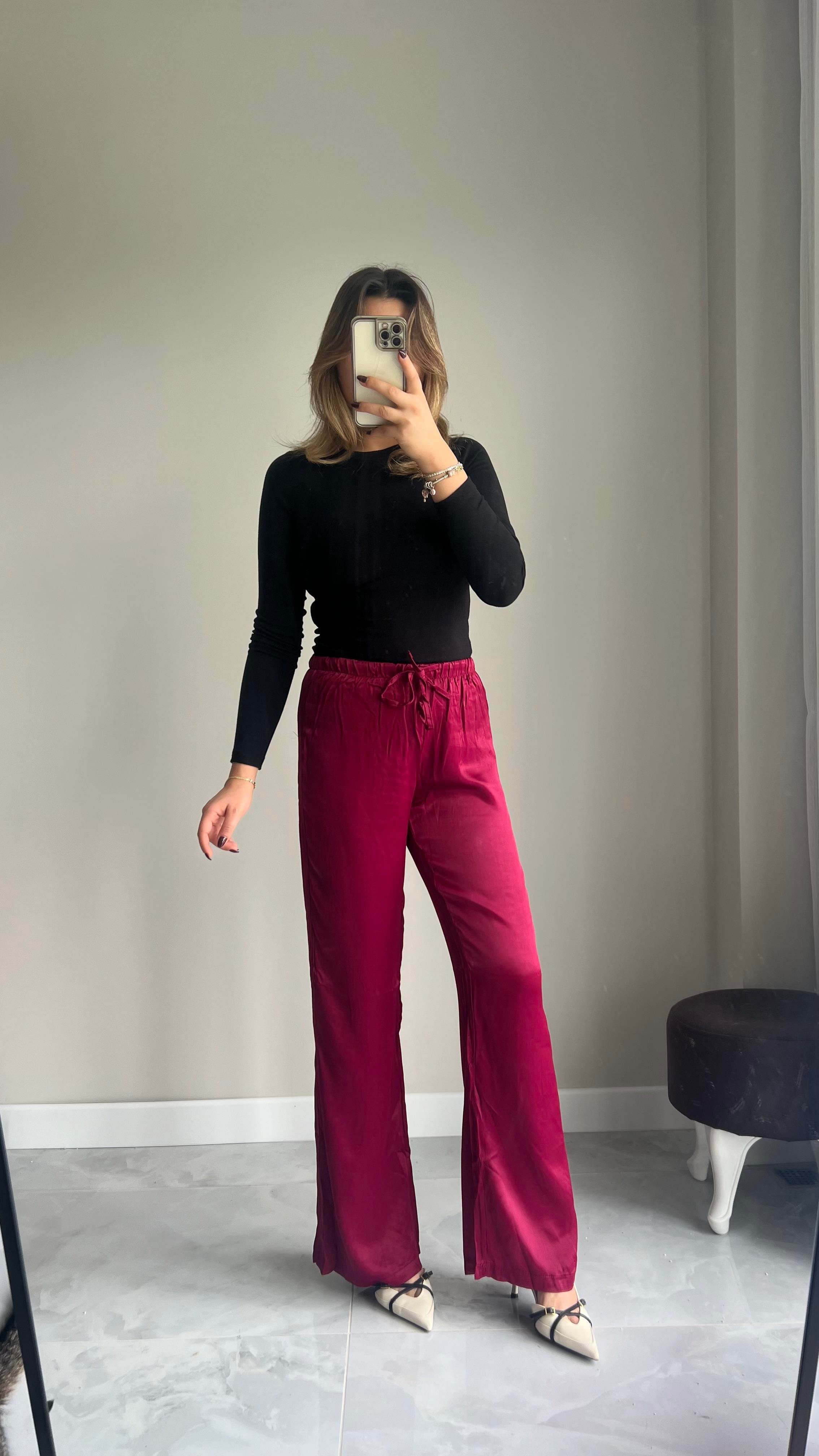 Bordo Saten Pantolon 