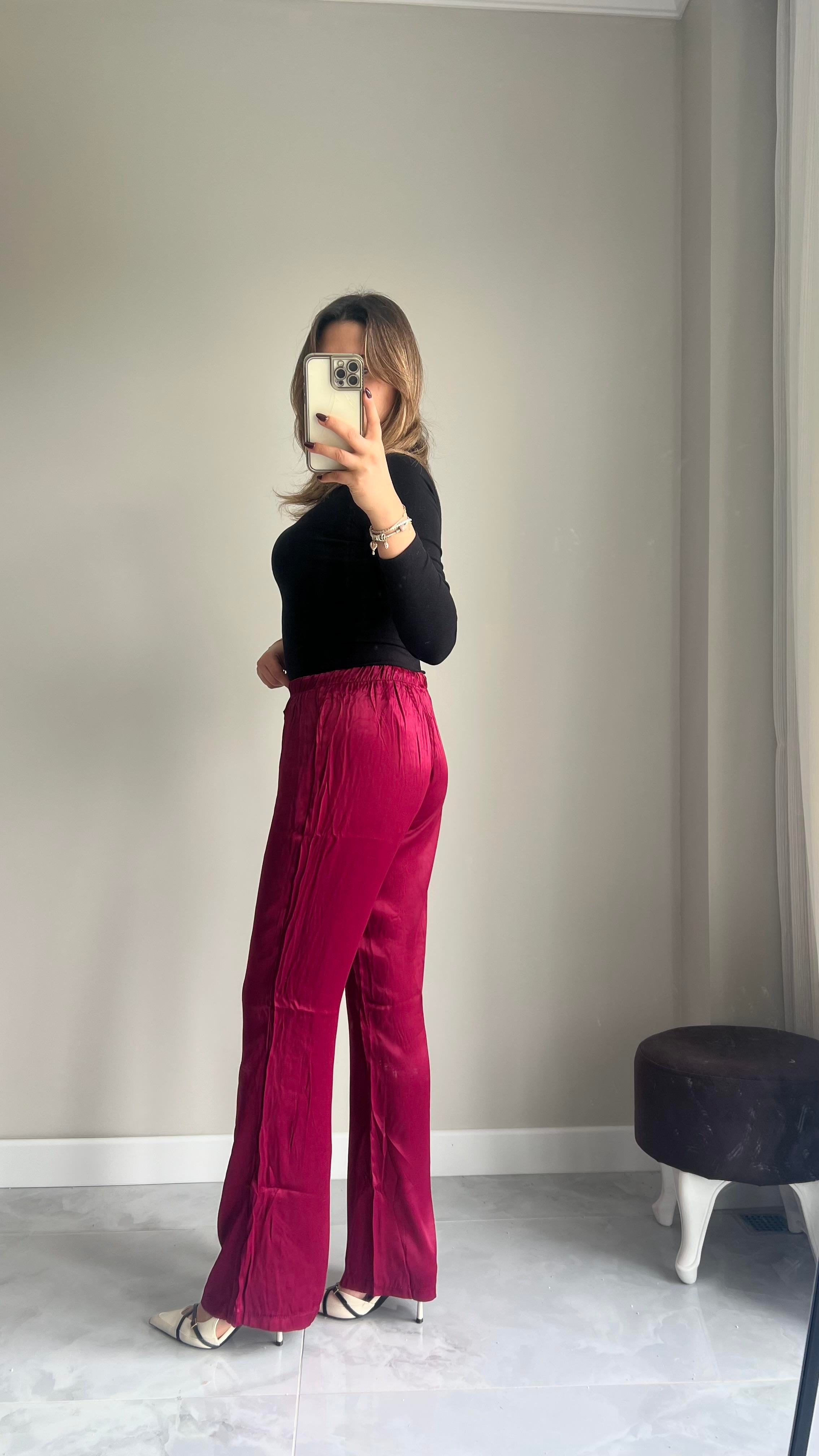 Bordo Saten Pantolon 