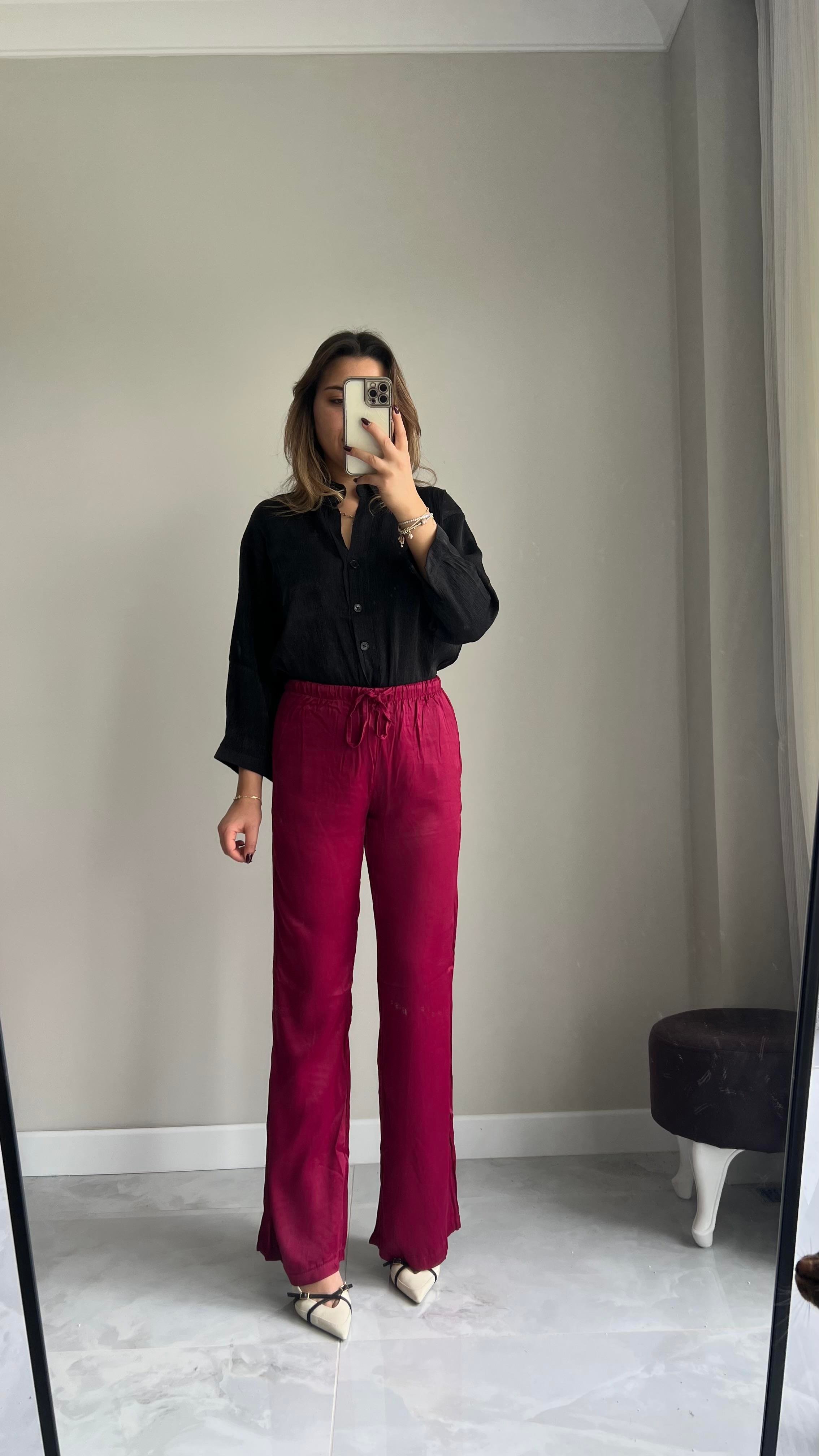 Bordo Saten Pantolon 