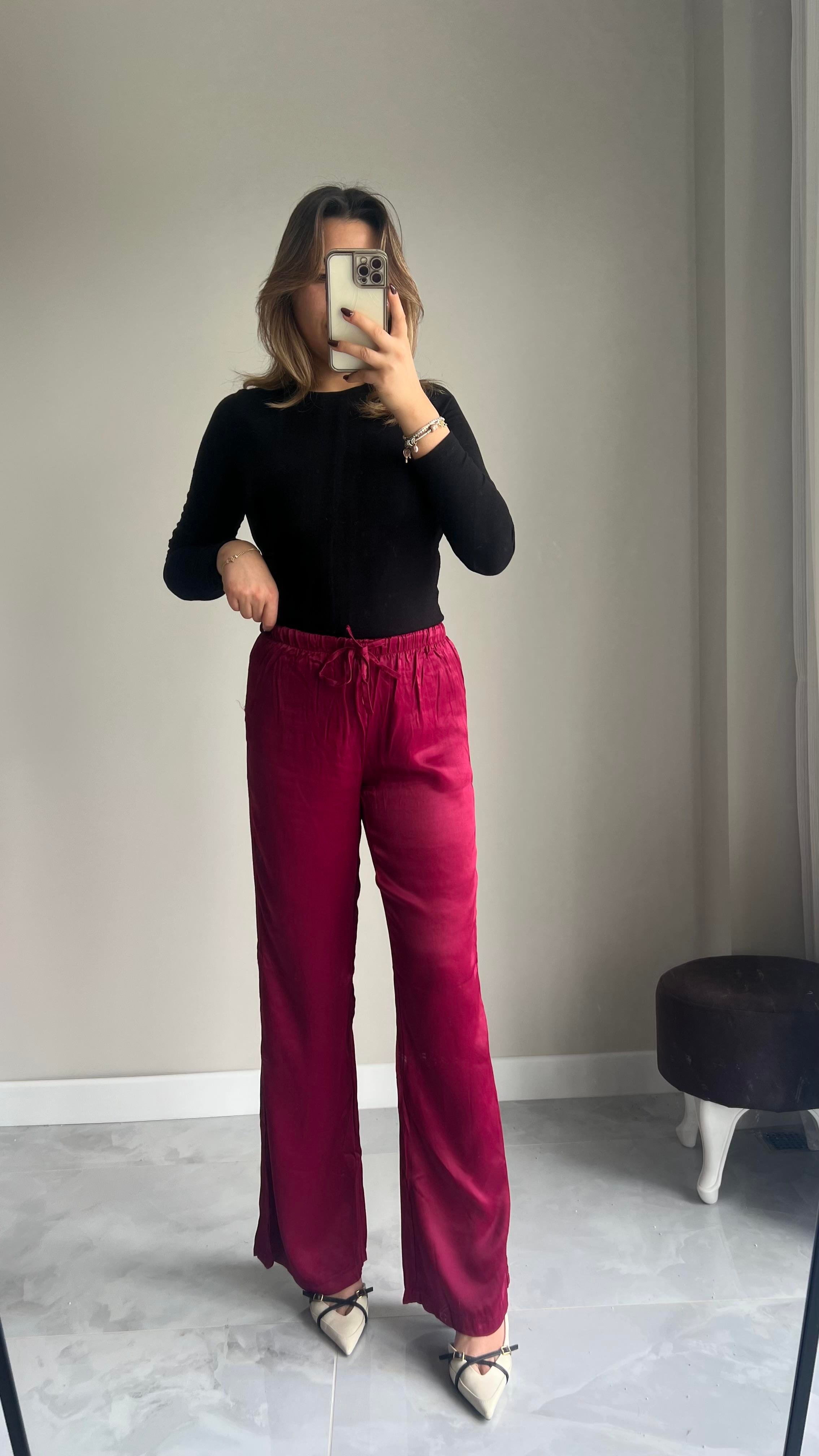 Bordo Saten Pantolon 