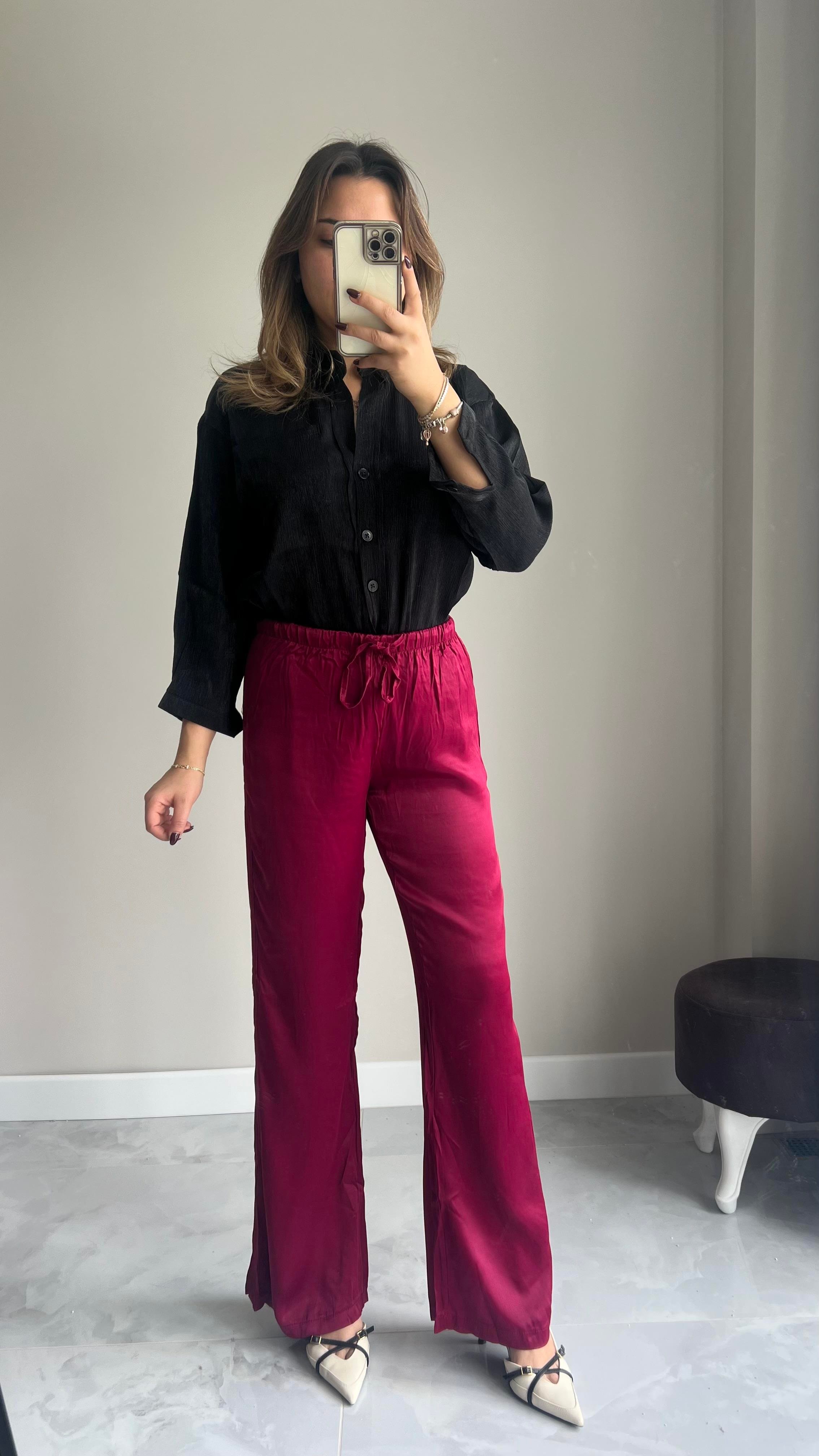 Bordo Saten Pantolon 