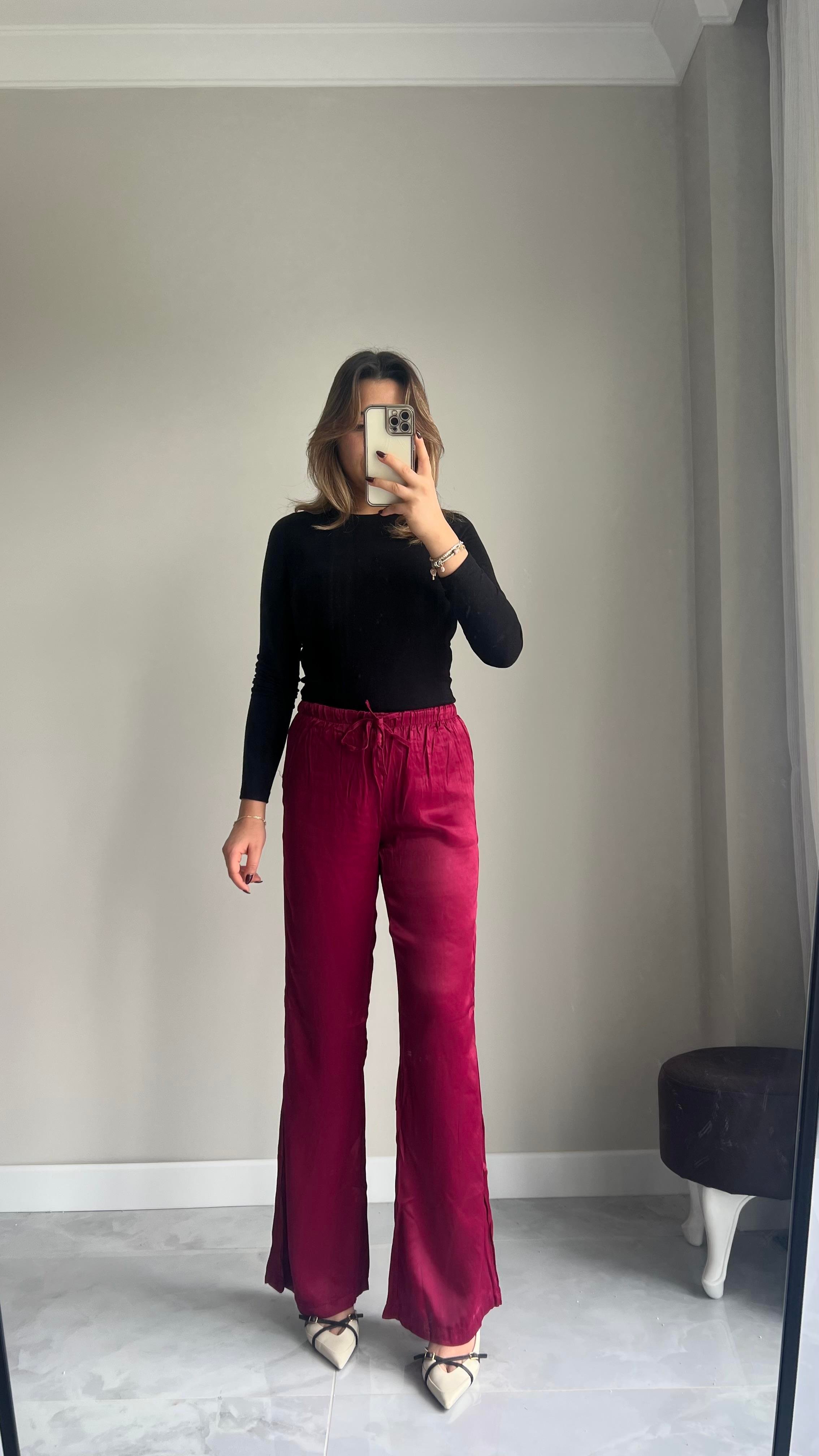 Bordo Saten Pantolon 
