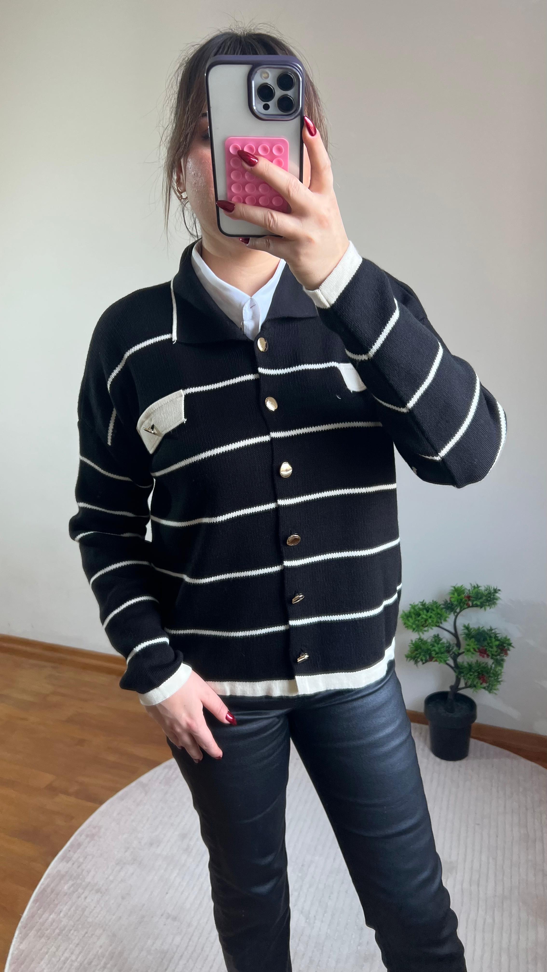 Çizgili Çelik Triko Hırka