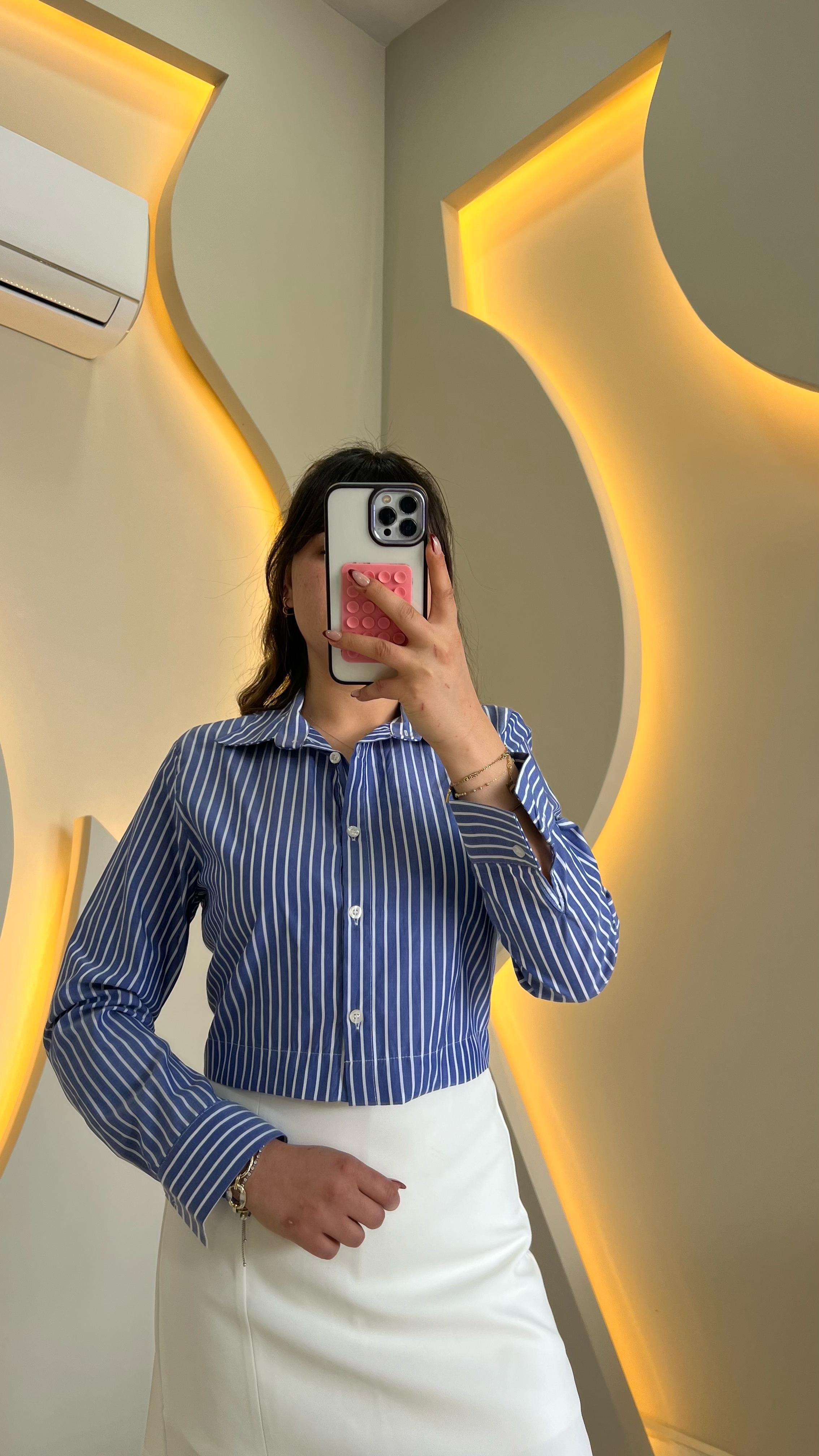 Cropped Koyu Mavi Gömlek