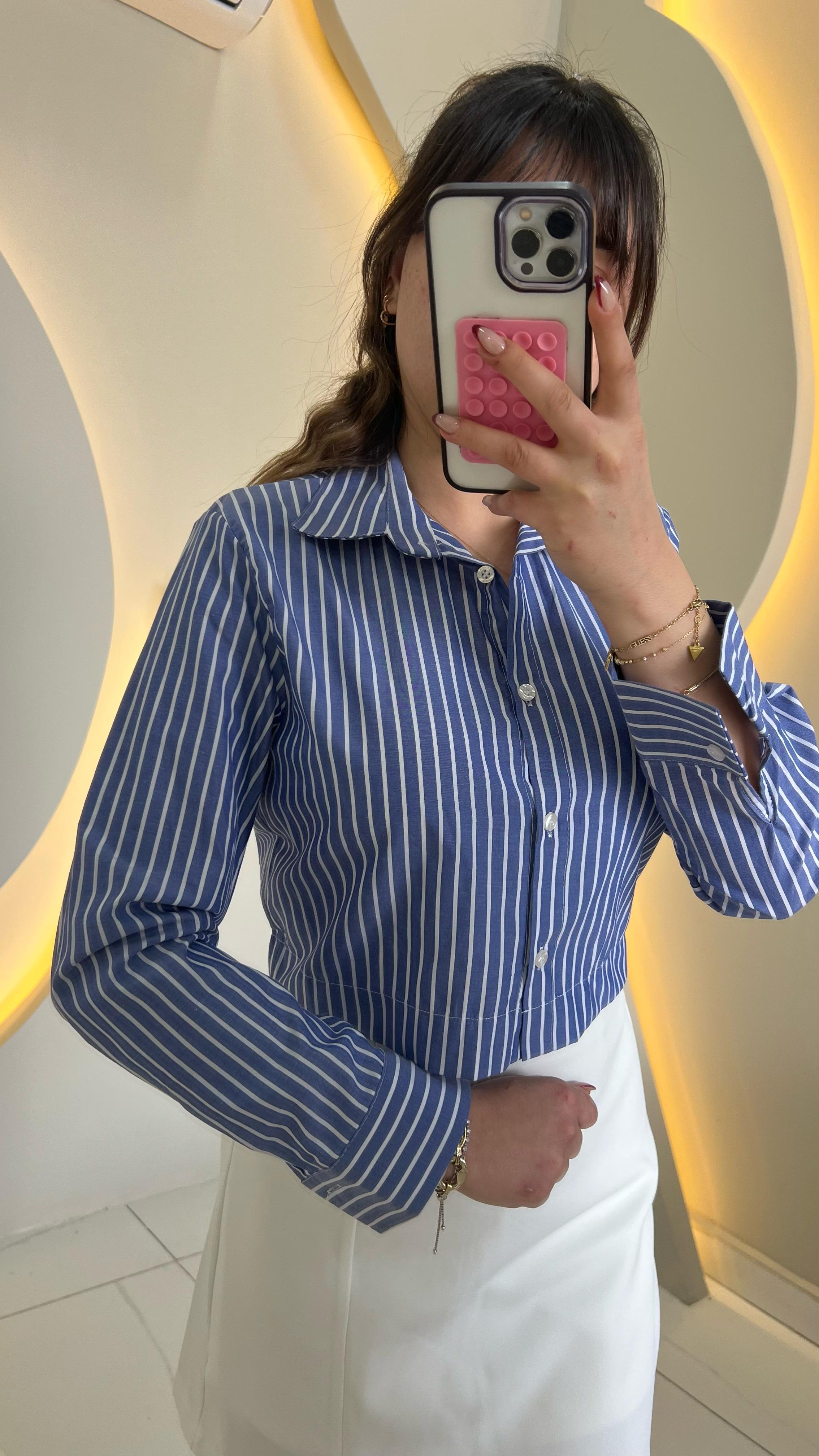 Cropped Koyu Mavi Gömlek