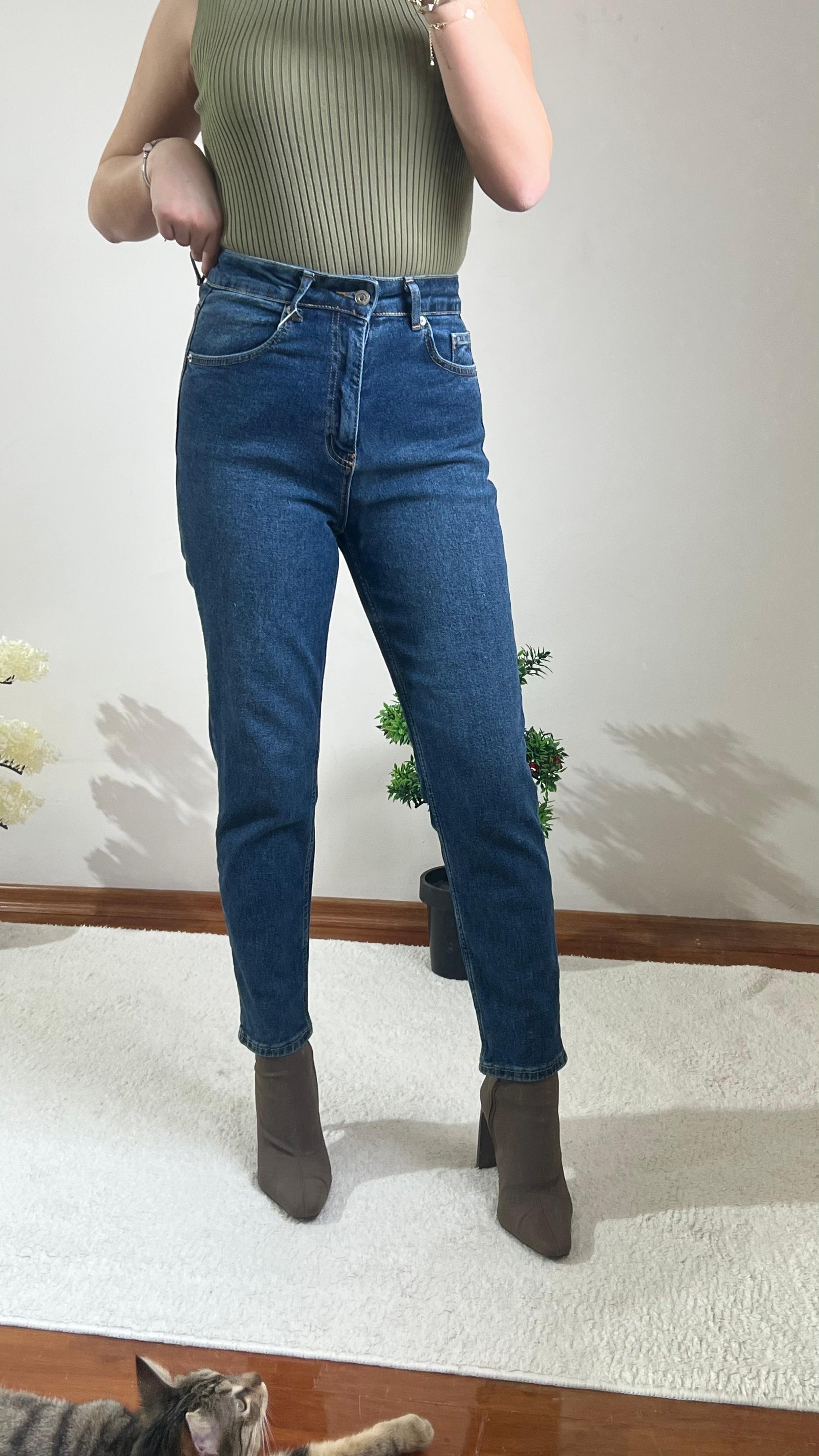Koyu Mavi Yüksek Bel Jean