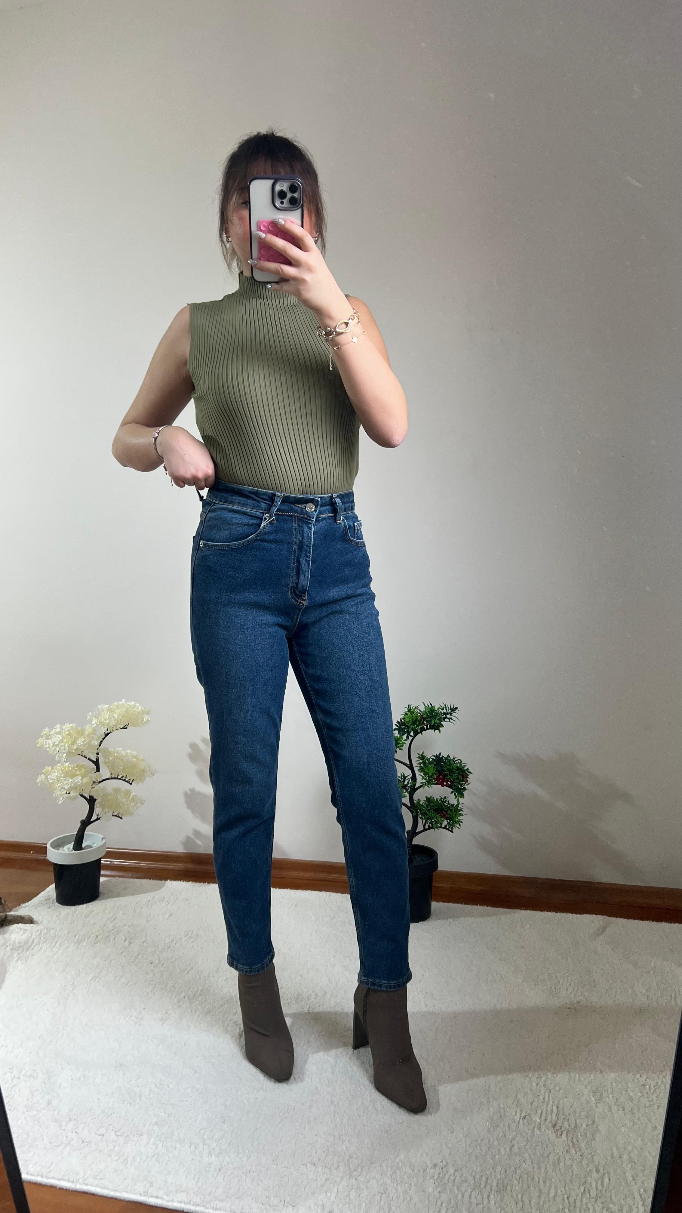 Koyu Mavi Yüksek Bel Jean