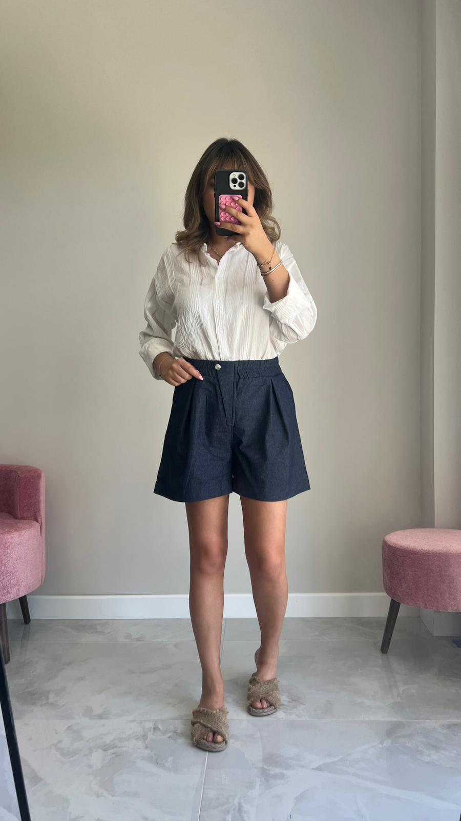 Lacivert Bel Lastikli Düğme Detay Şort