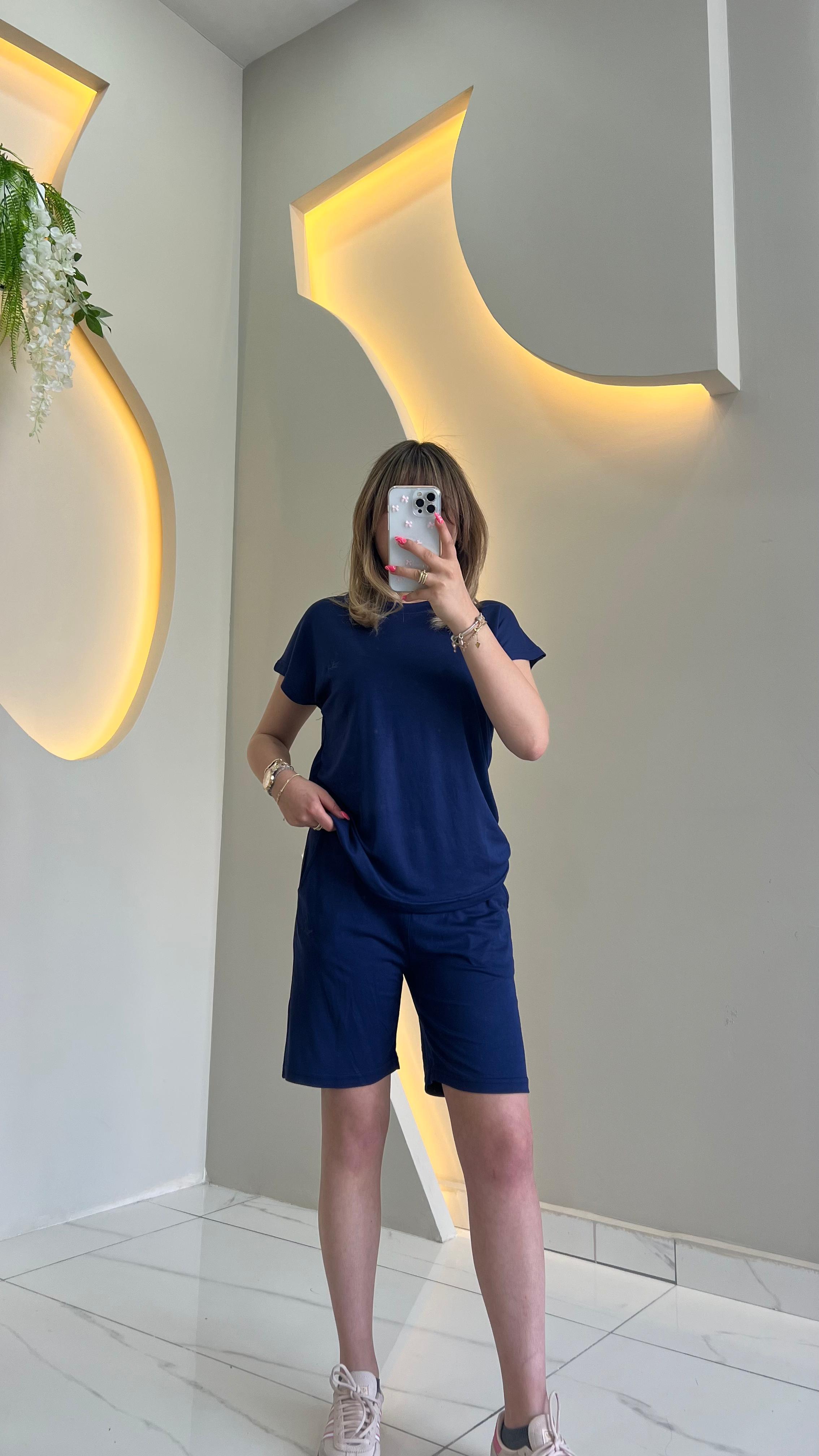 Lacivert Modal Tensel Şortlu Takım