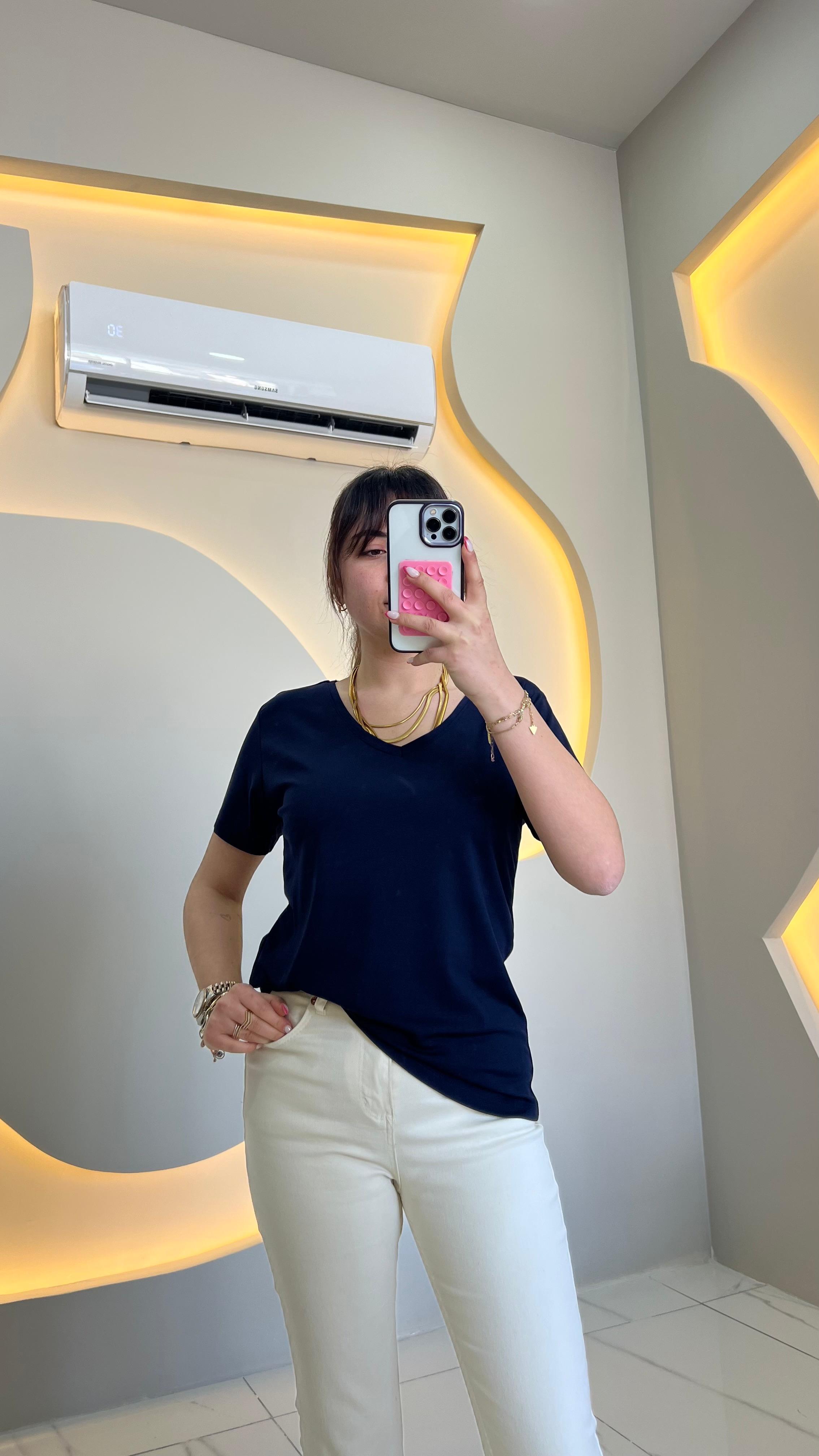 Lacivert Modal V Yaka Basic