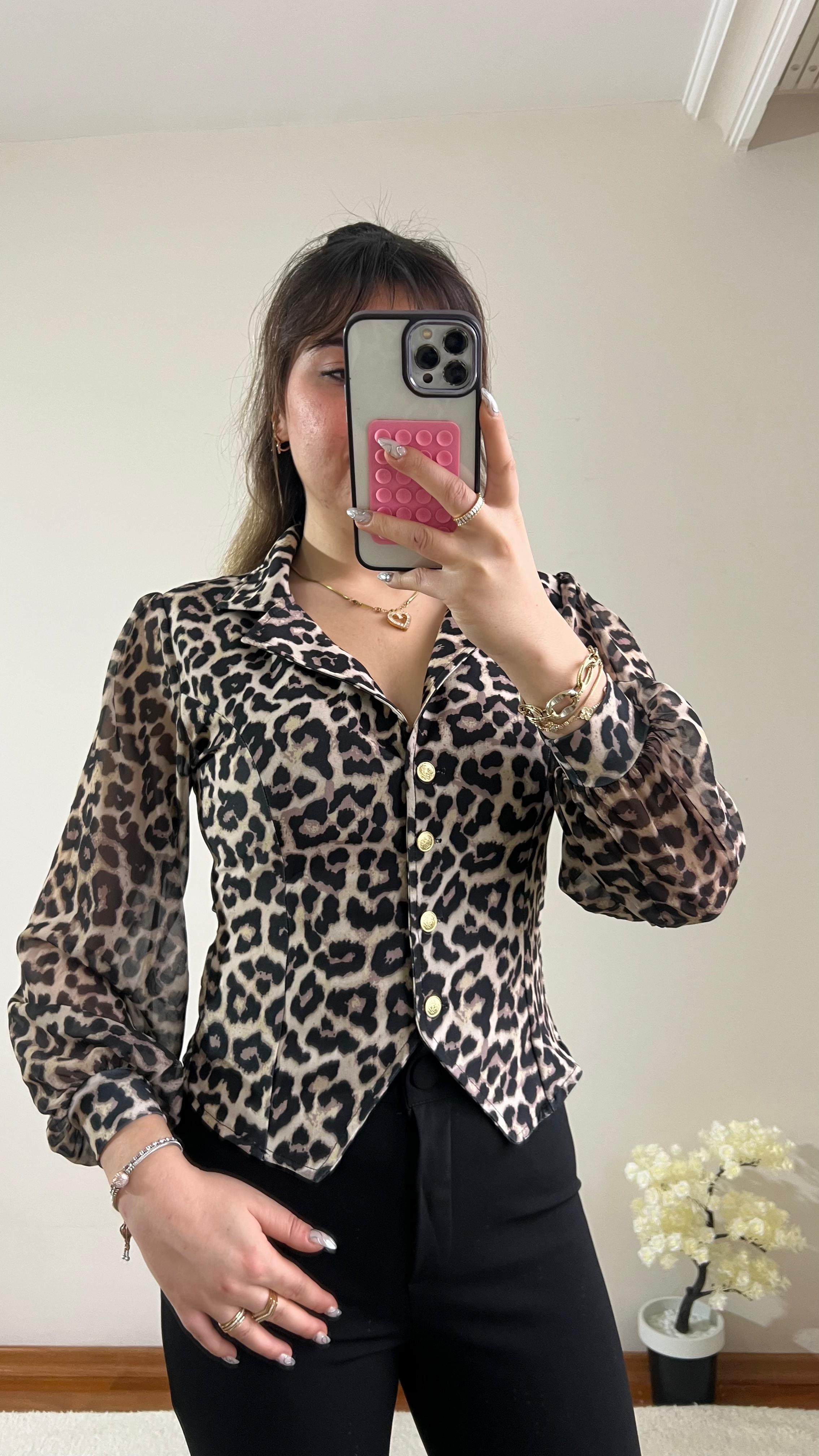Leopar Krep Şifon Kol Gömlek