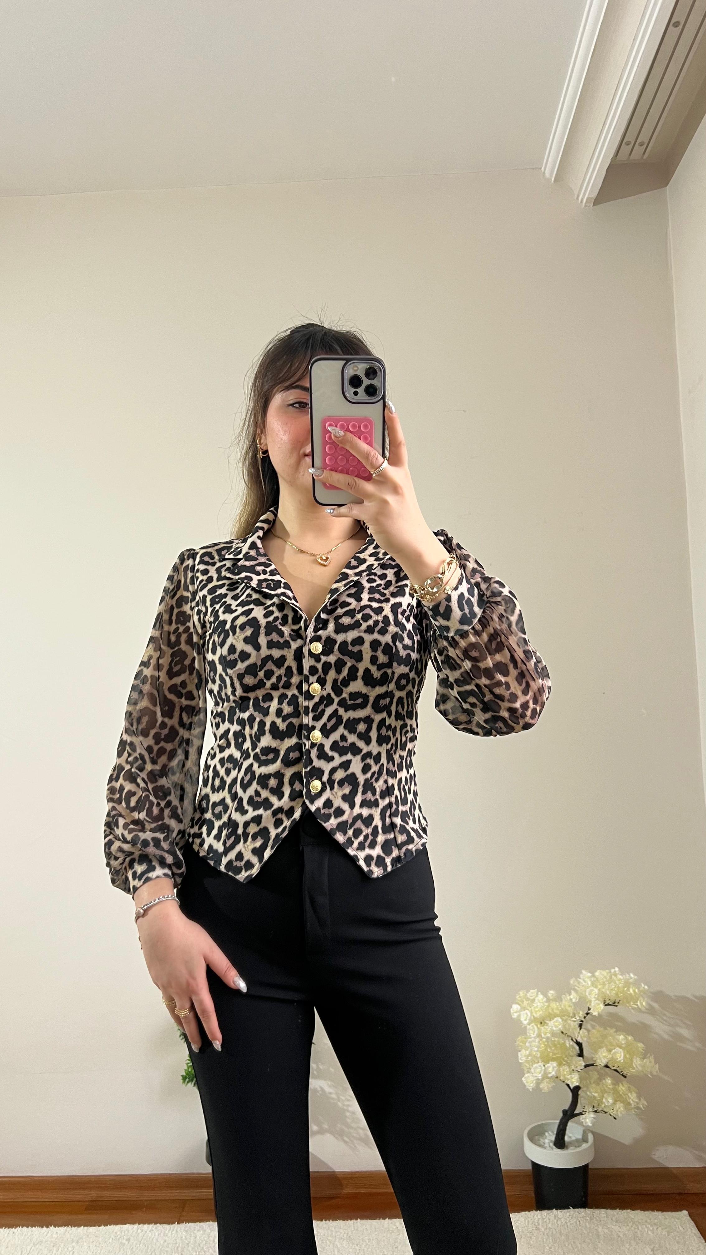 Leopar Krep Şifon Kol Gömlek