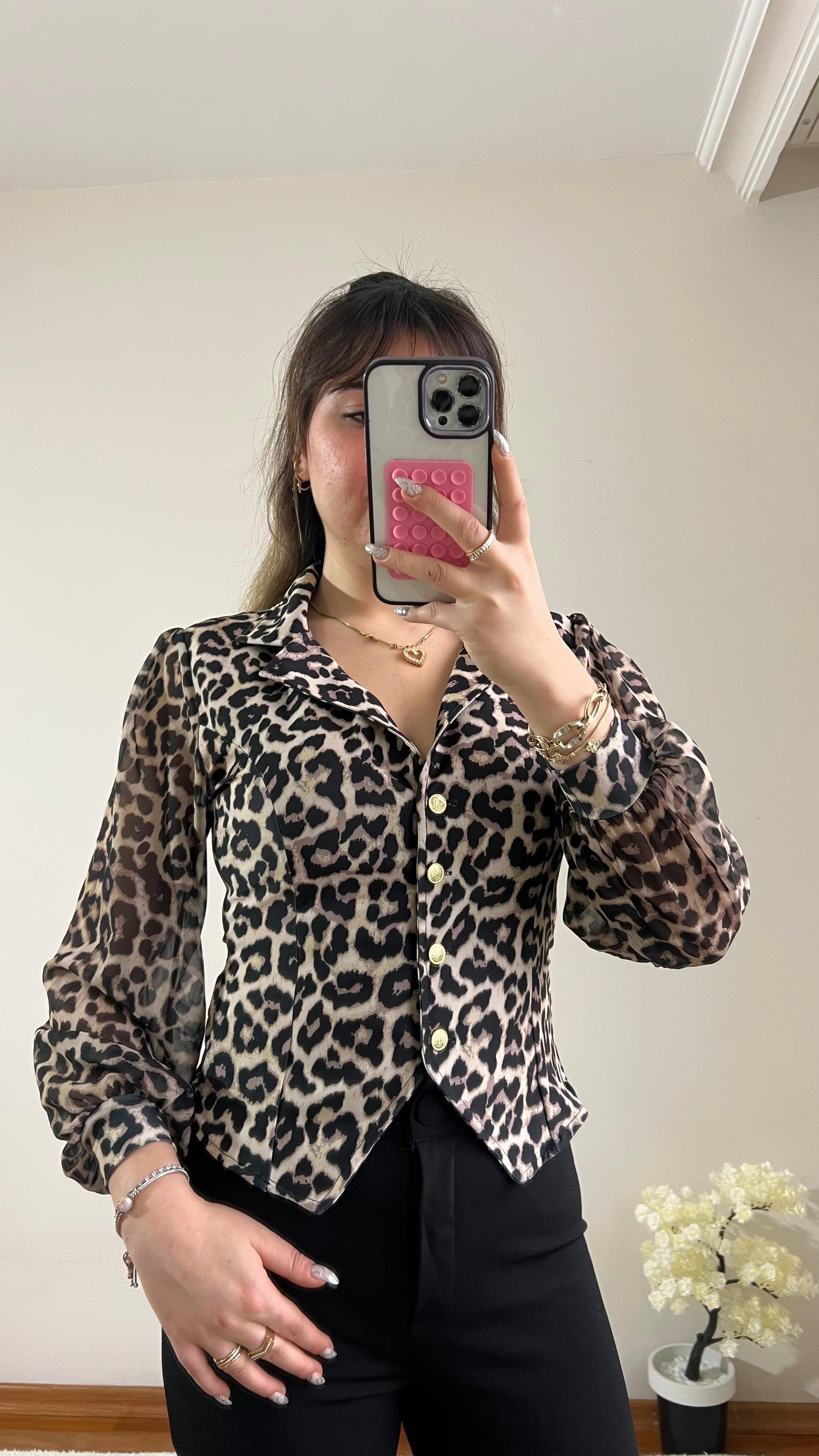 Leopar Krep Şifon Kol Gömlek
