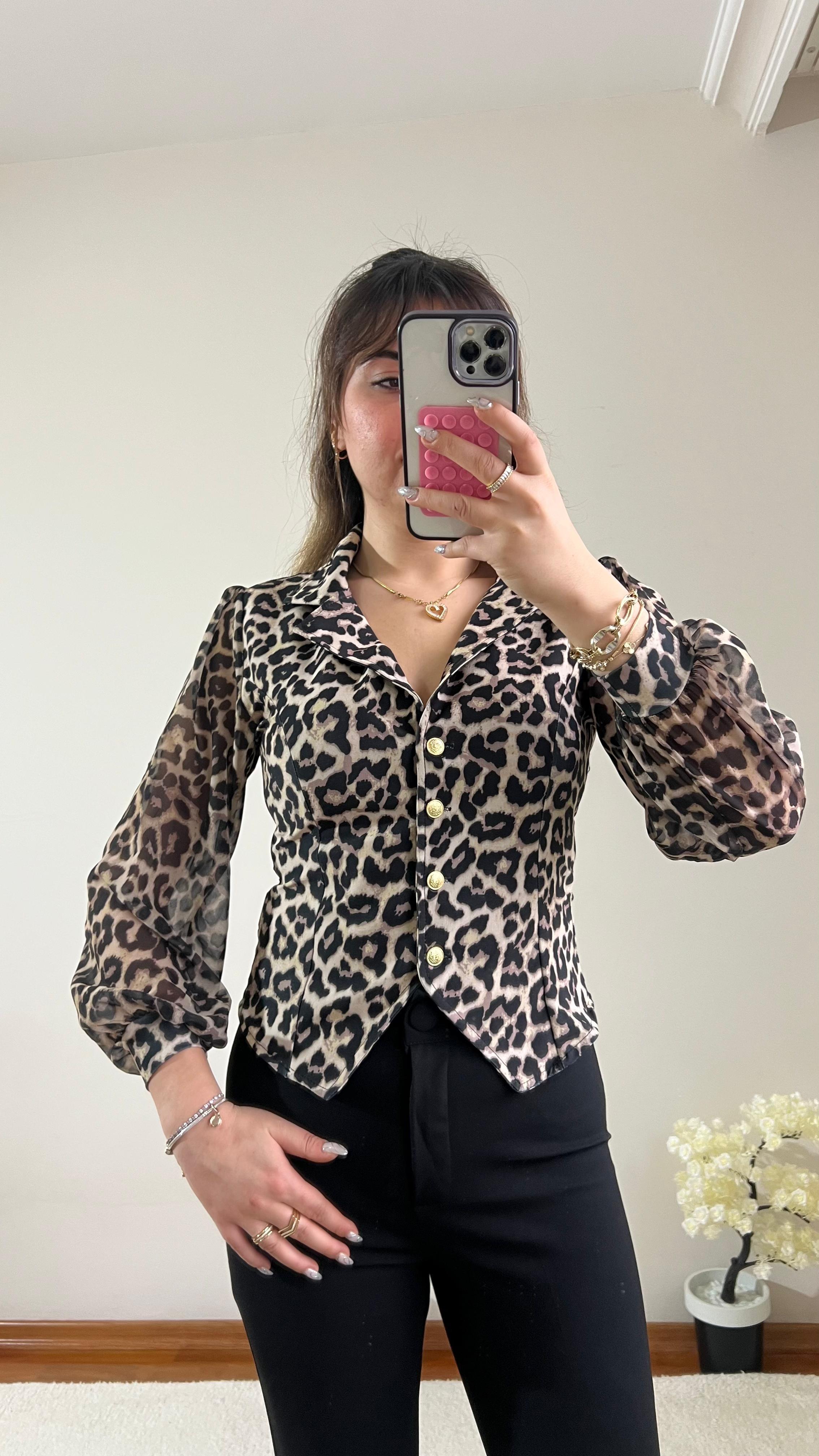 Leopar Krep Şifon Kol Gömlek
