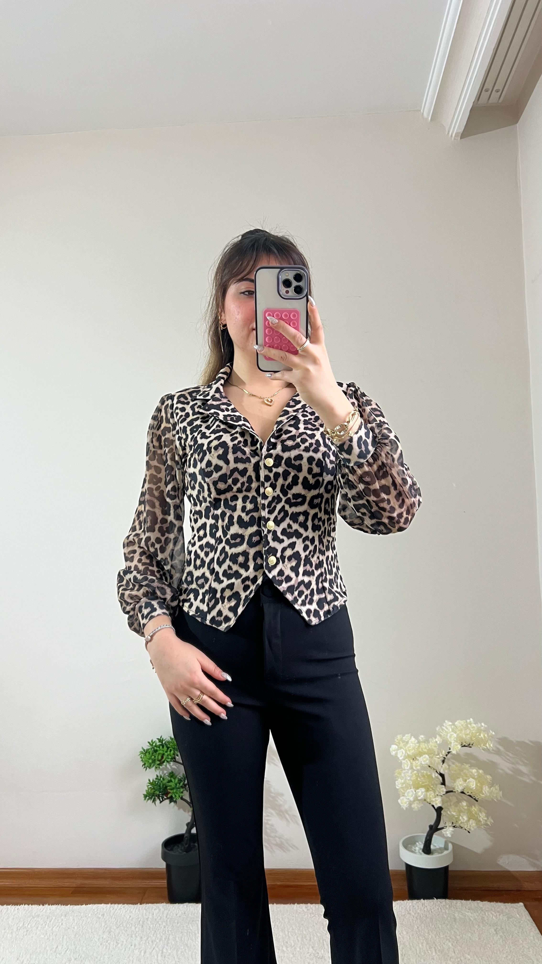 Leopar Krep Şifon Kol Gömlek
