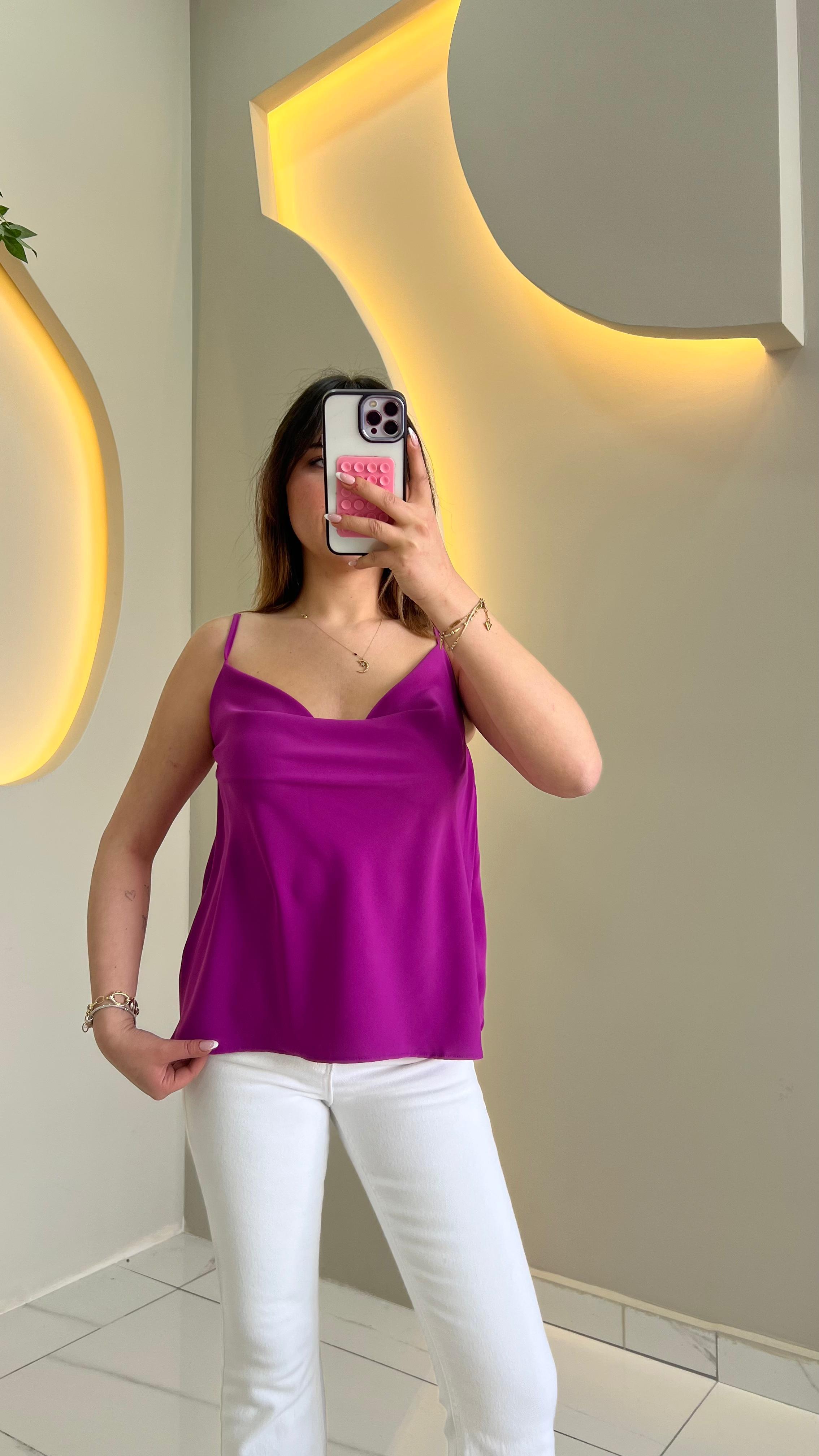 Mor Askılı Degaje Yaka Bluz