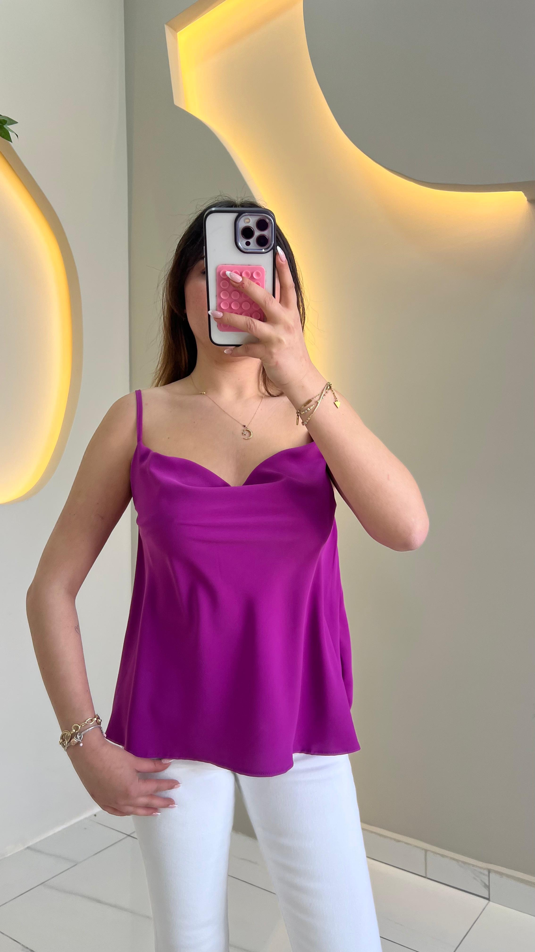 Mor Askılı Degaje Yaka Bluz