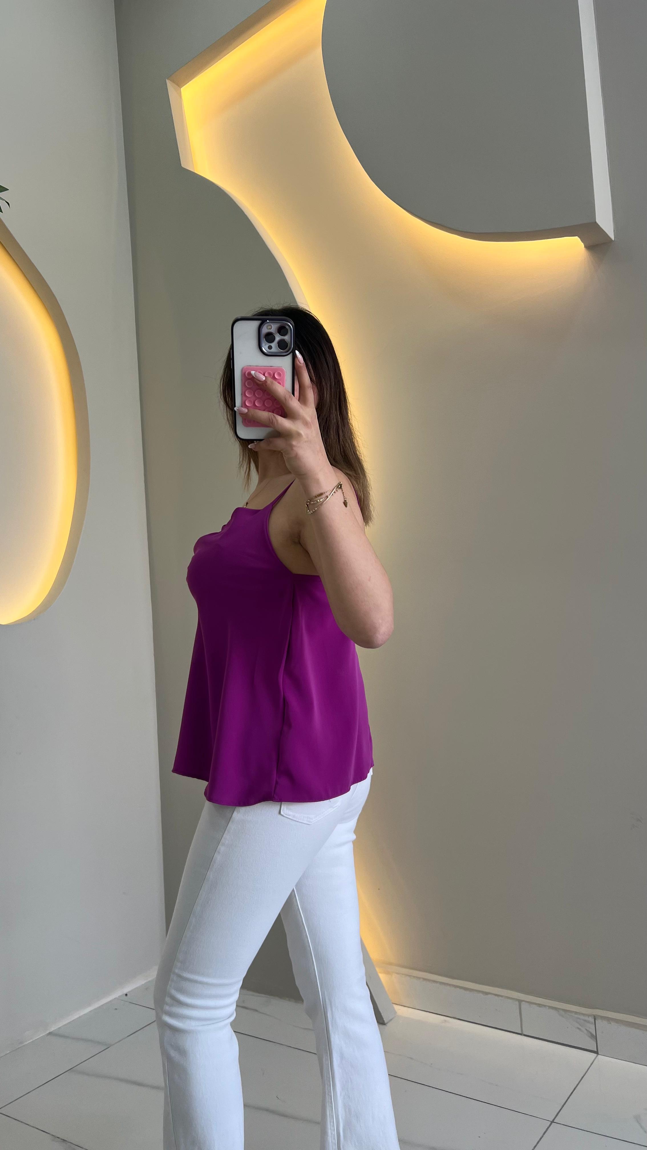 Mor Askılı Degaje Yaka Bluz