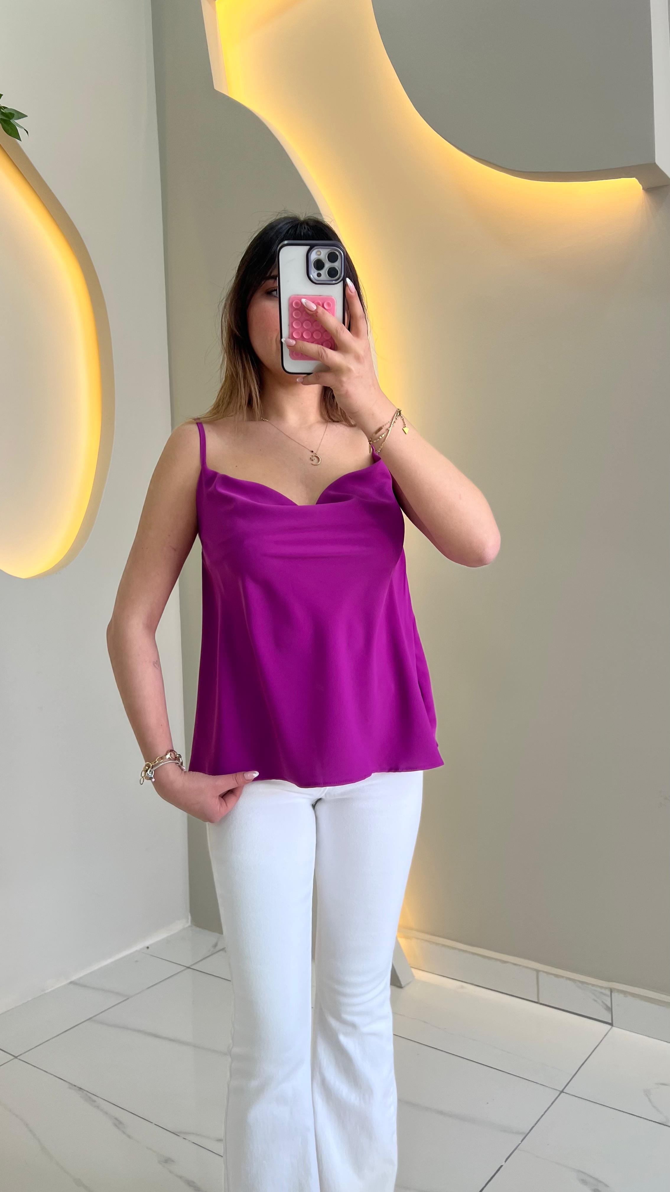 Mor Askılı Degaje Yaka Bluz