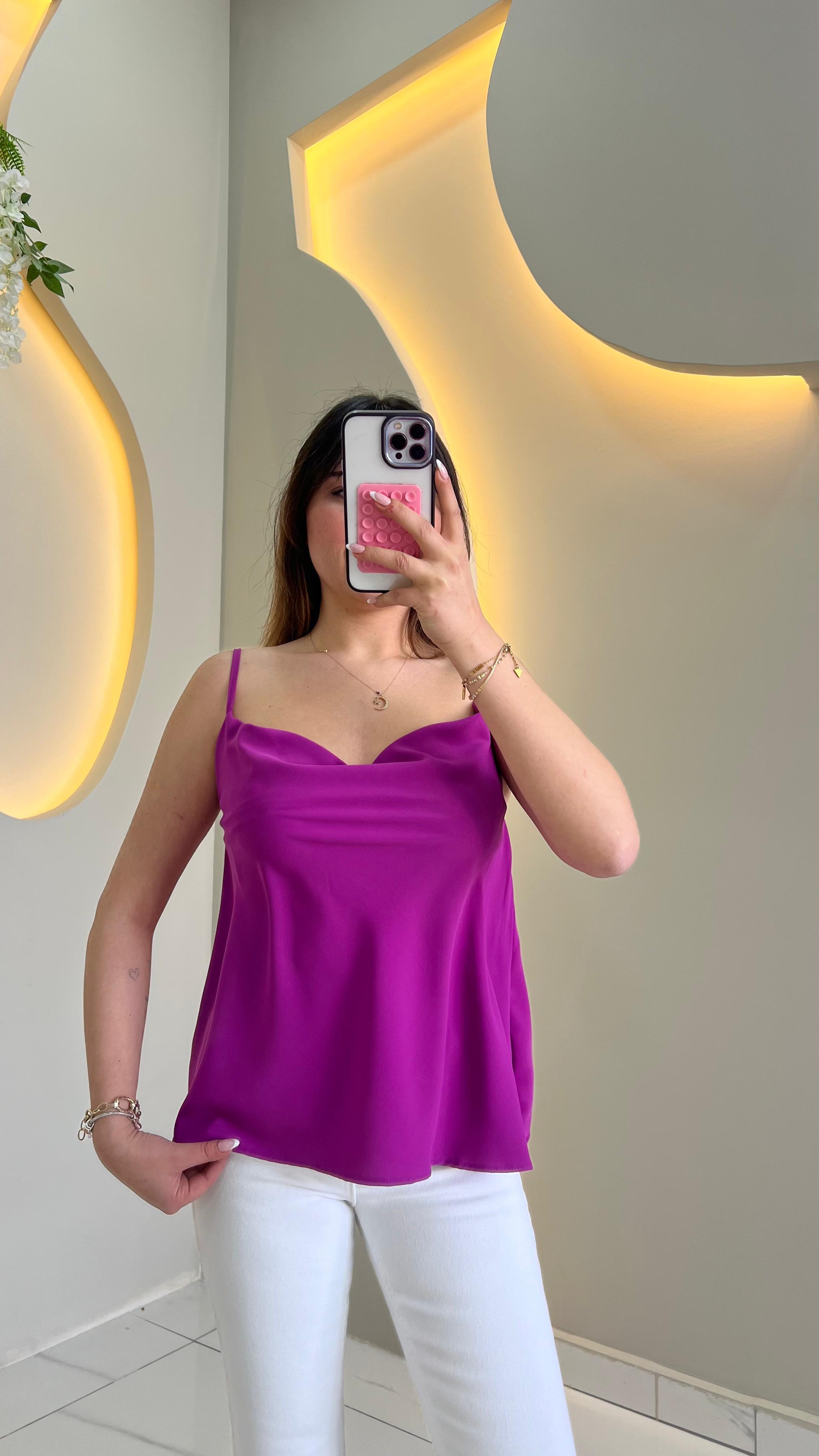 Mor Askılı Degaje Yaka Bluz