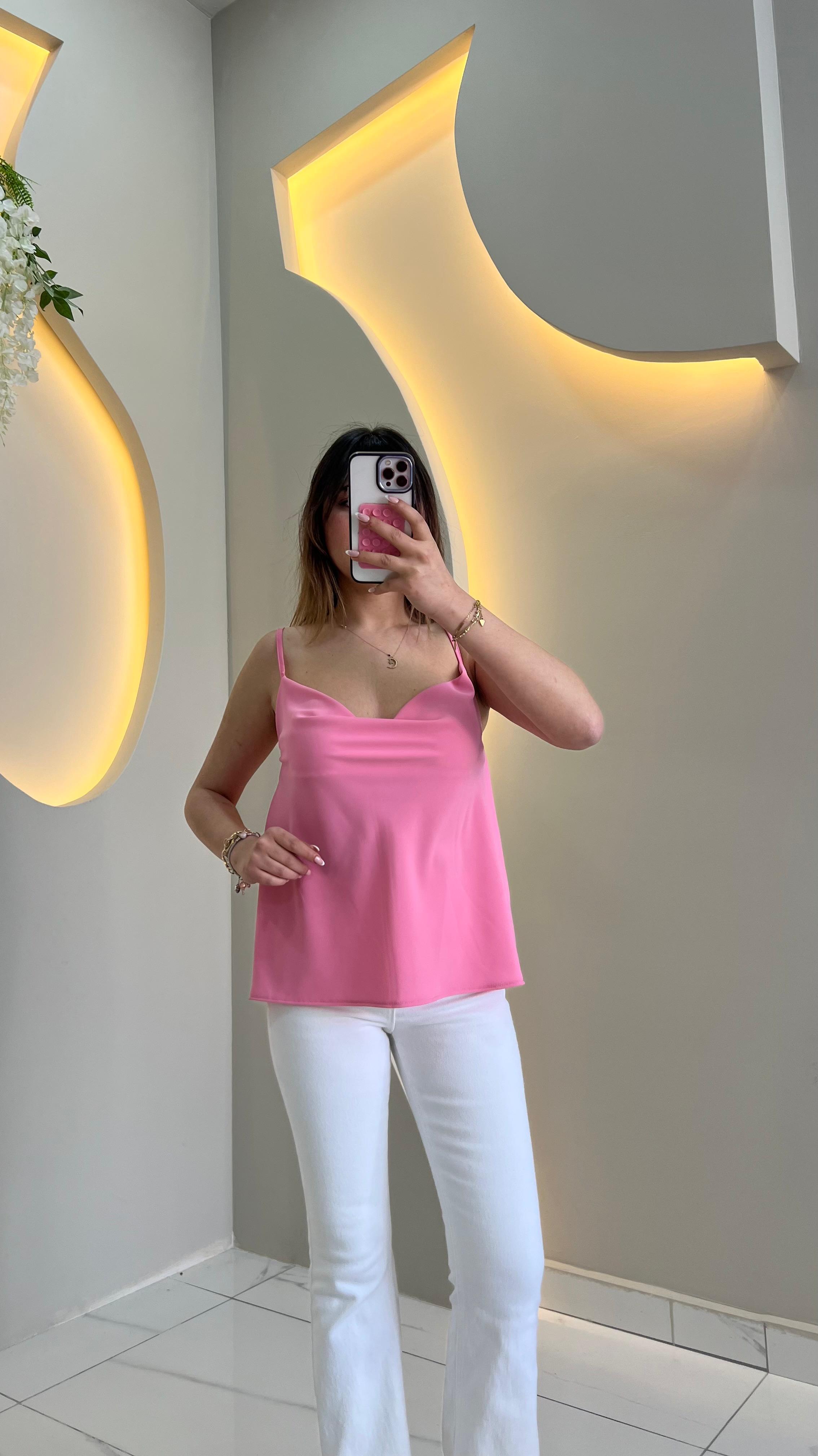 Pembe Askılı Degaje Yaka Bluz