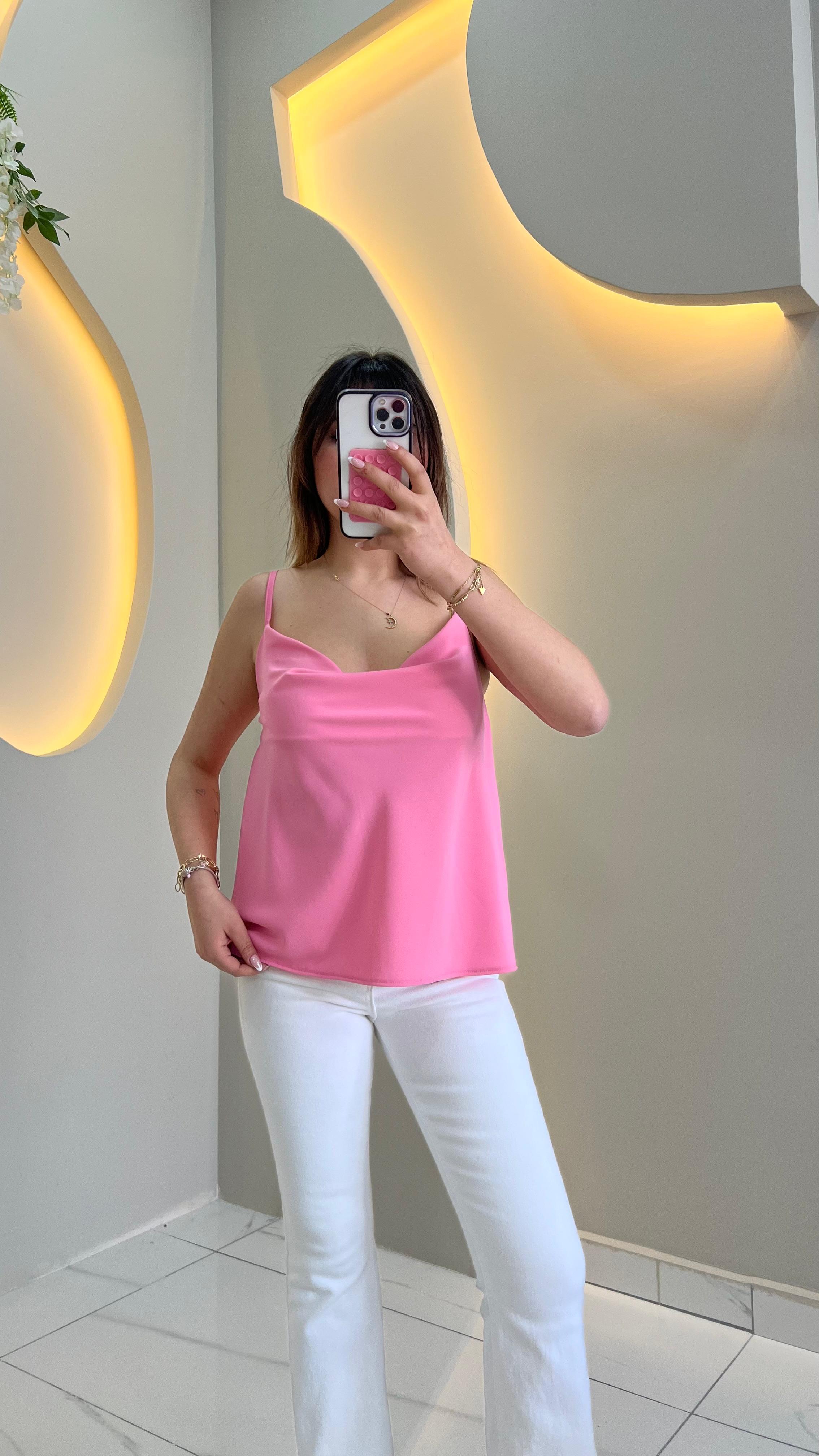 Pembe Askılı Degaje Yaka Bluz