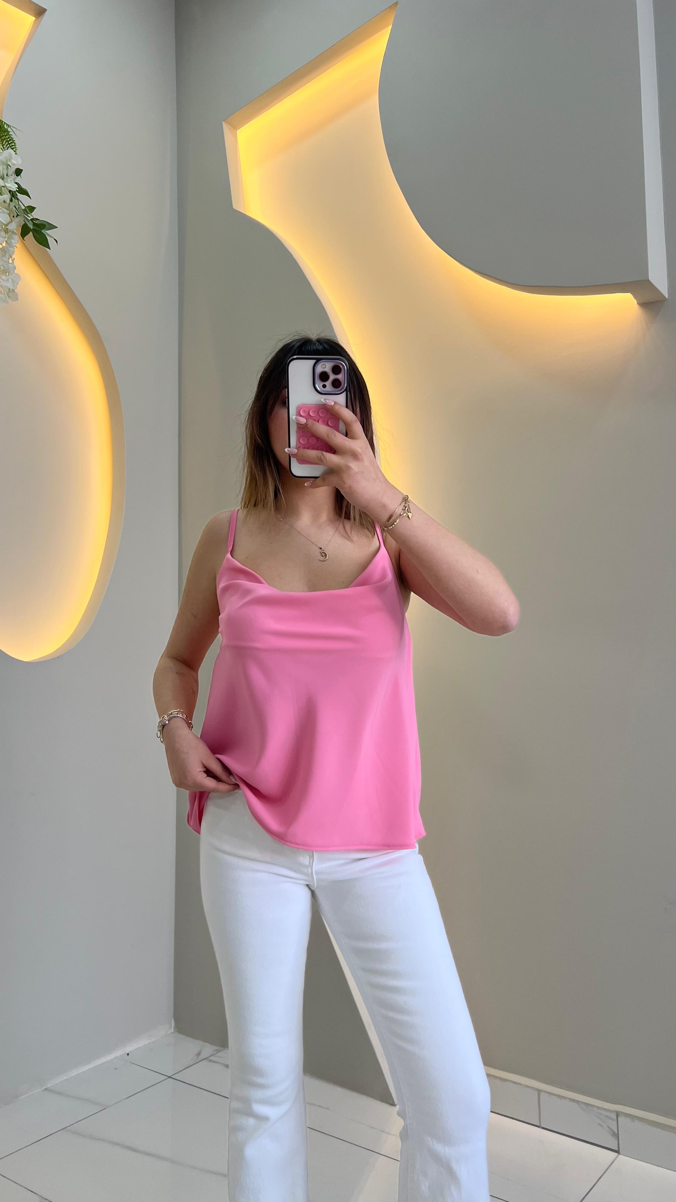 Pembe Askılı Degaje Yaka Bluz