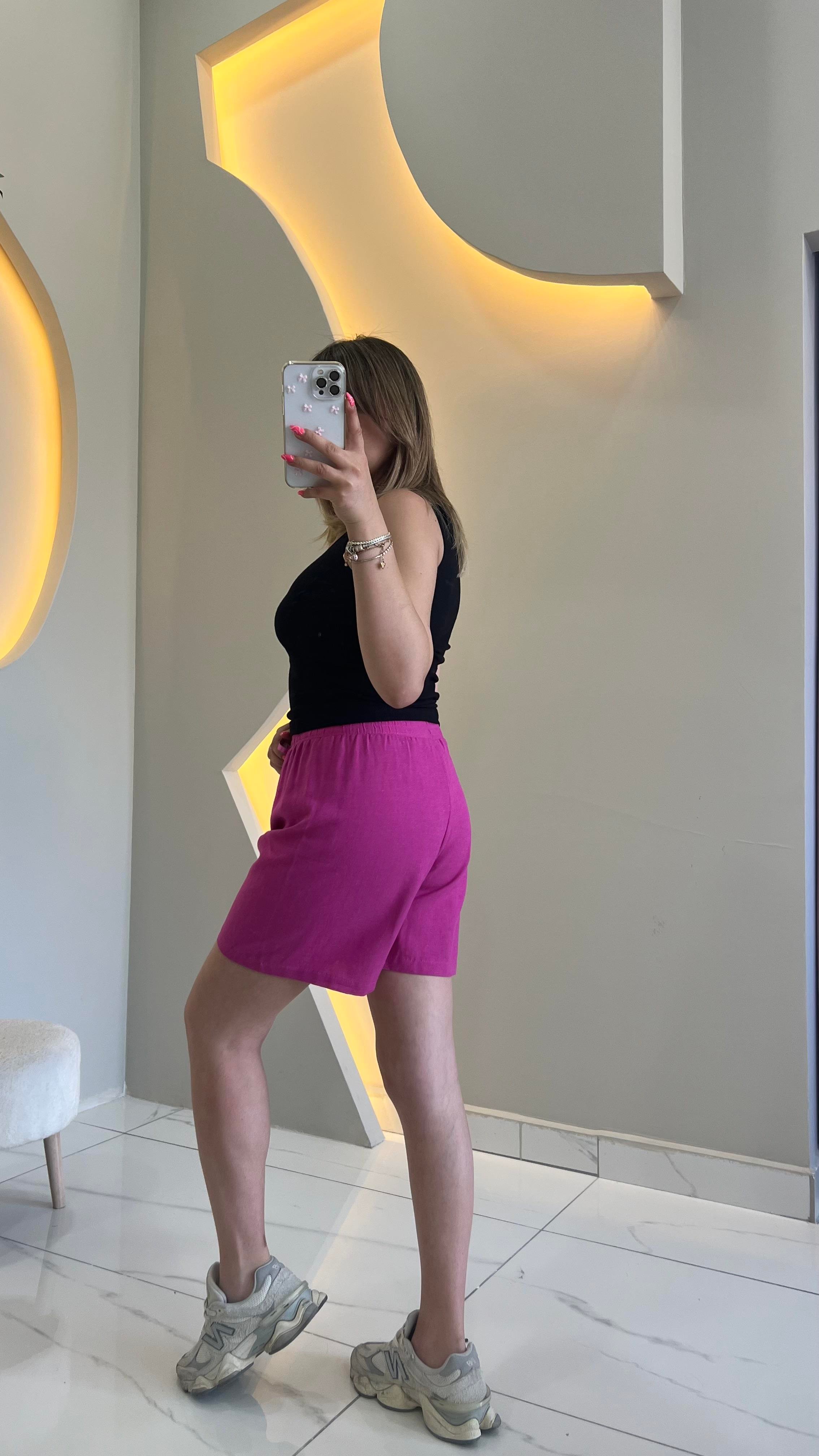 Pembe Keten Şort 