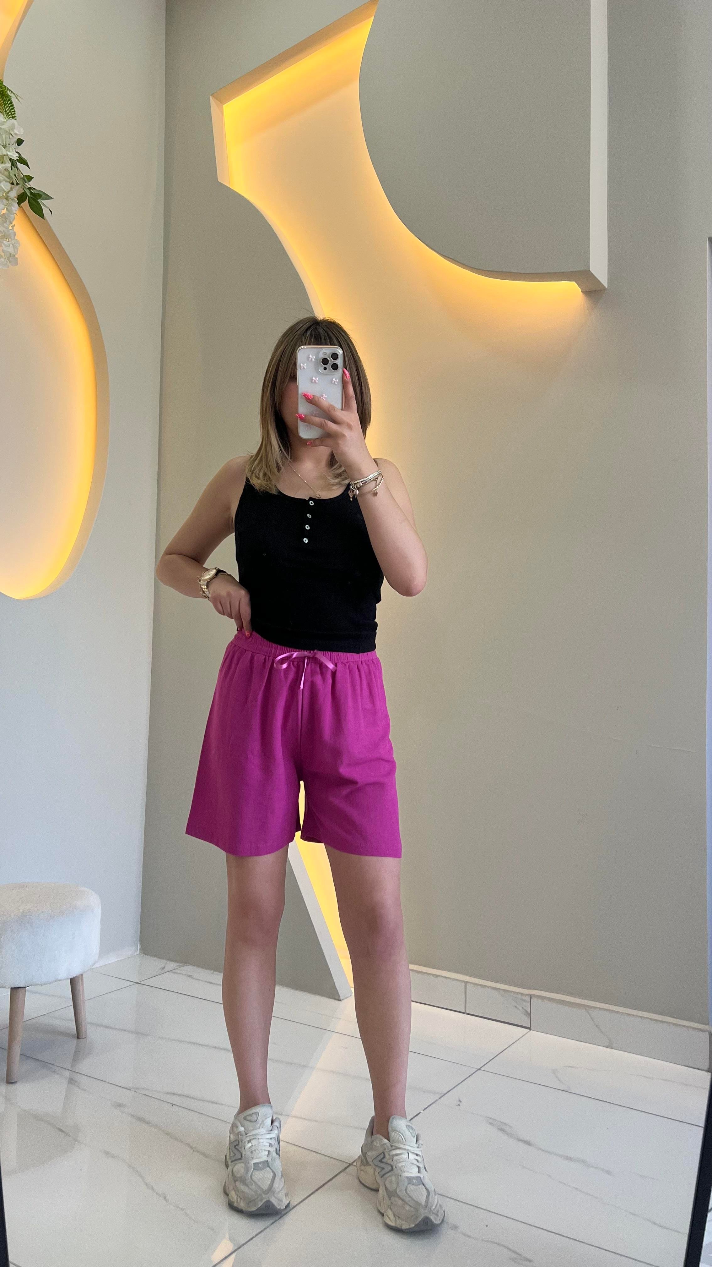 Pembe Keten Şort 