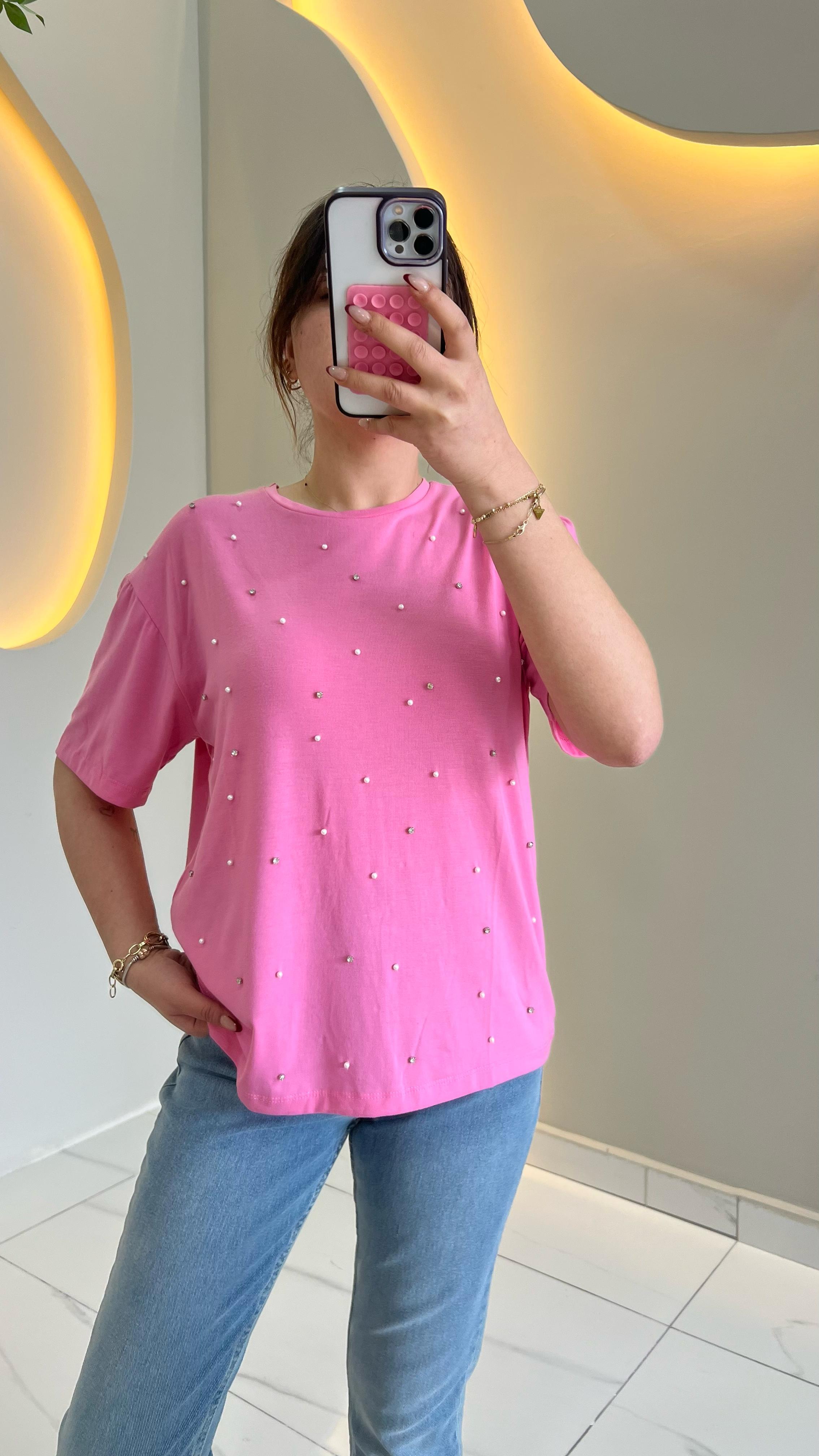 Pembe Taş İnci İşlemeli Modal Tişört