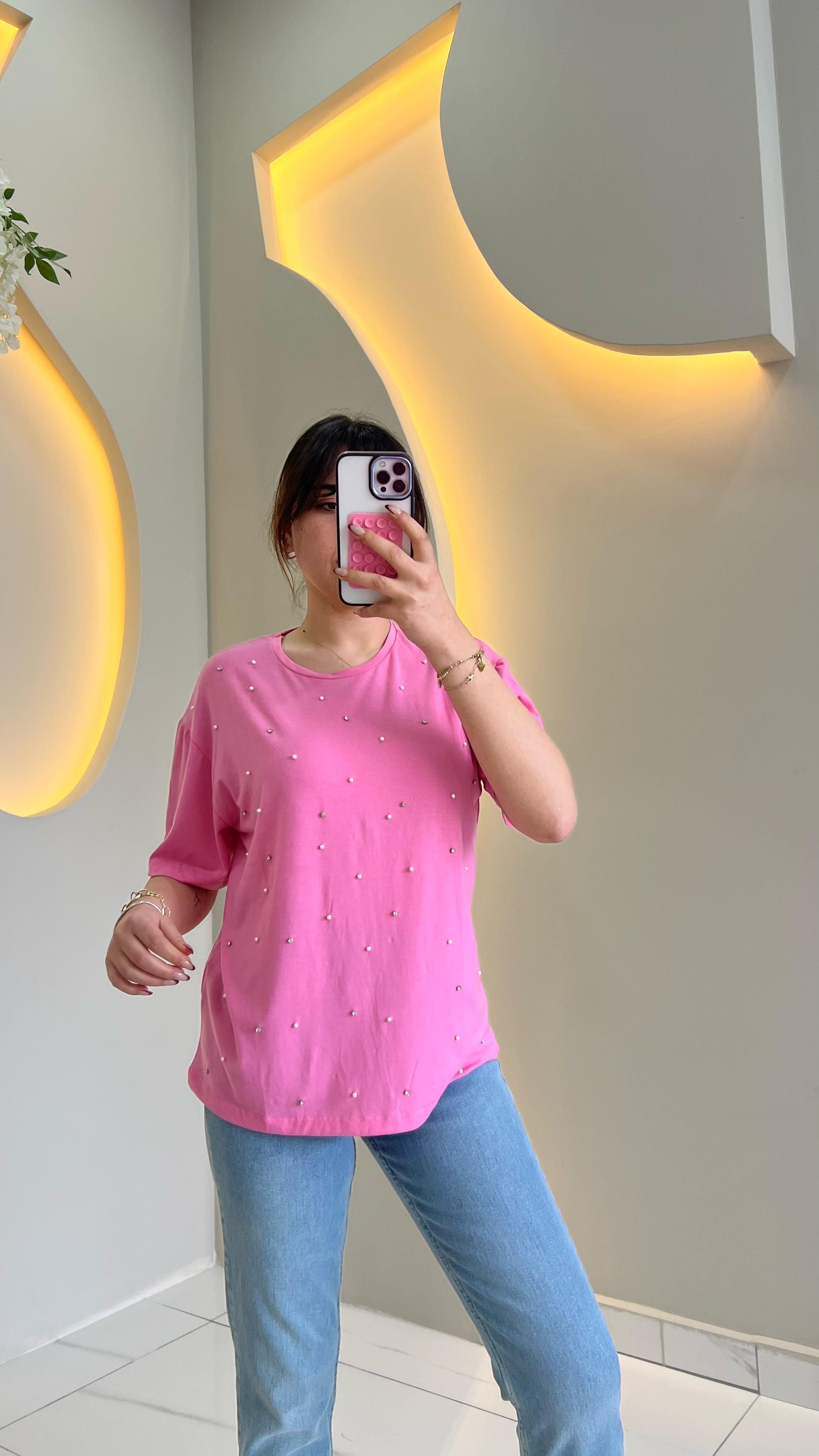 Pembe Taş İnci İşlemeli Modal Tişört