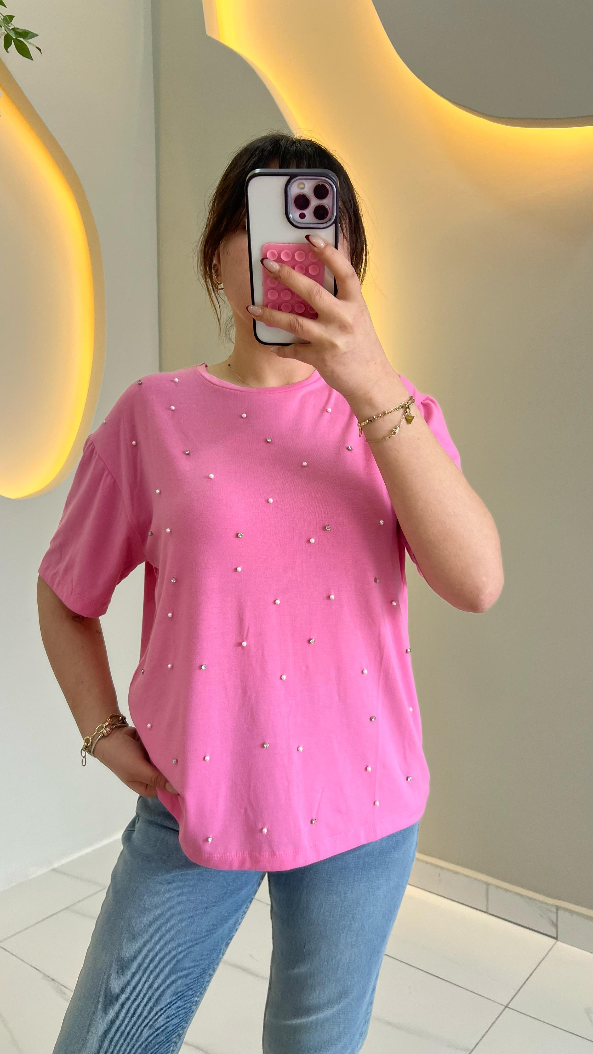 Pembe Taş İnci İşlemeli Modal Tişört
