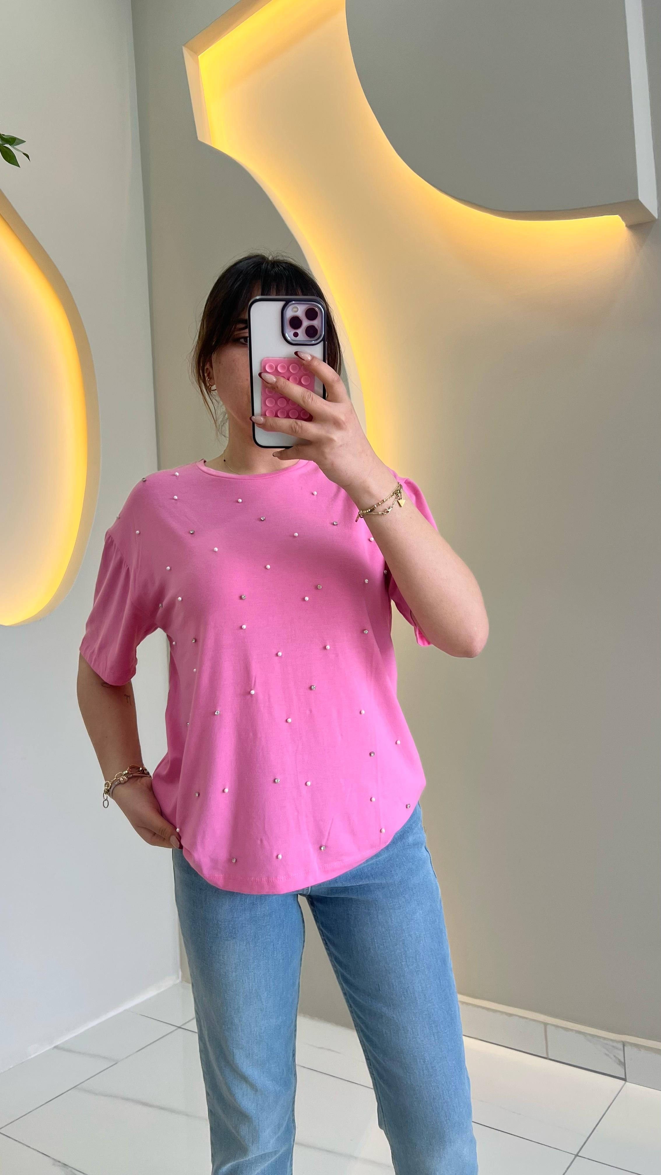 Pembe Taş İnci İşlemeli Modal Tişört