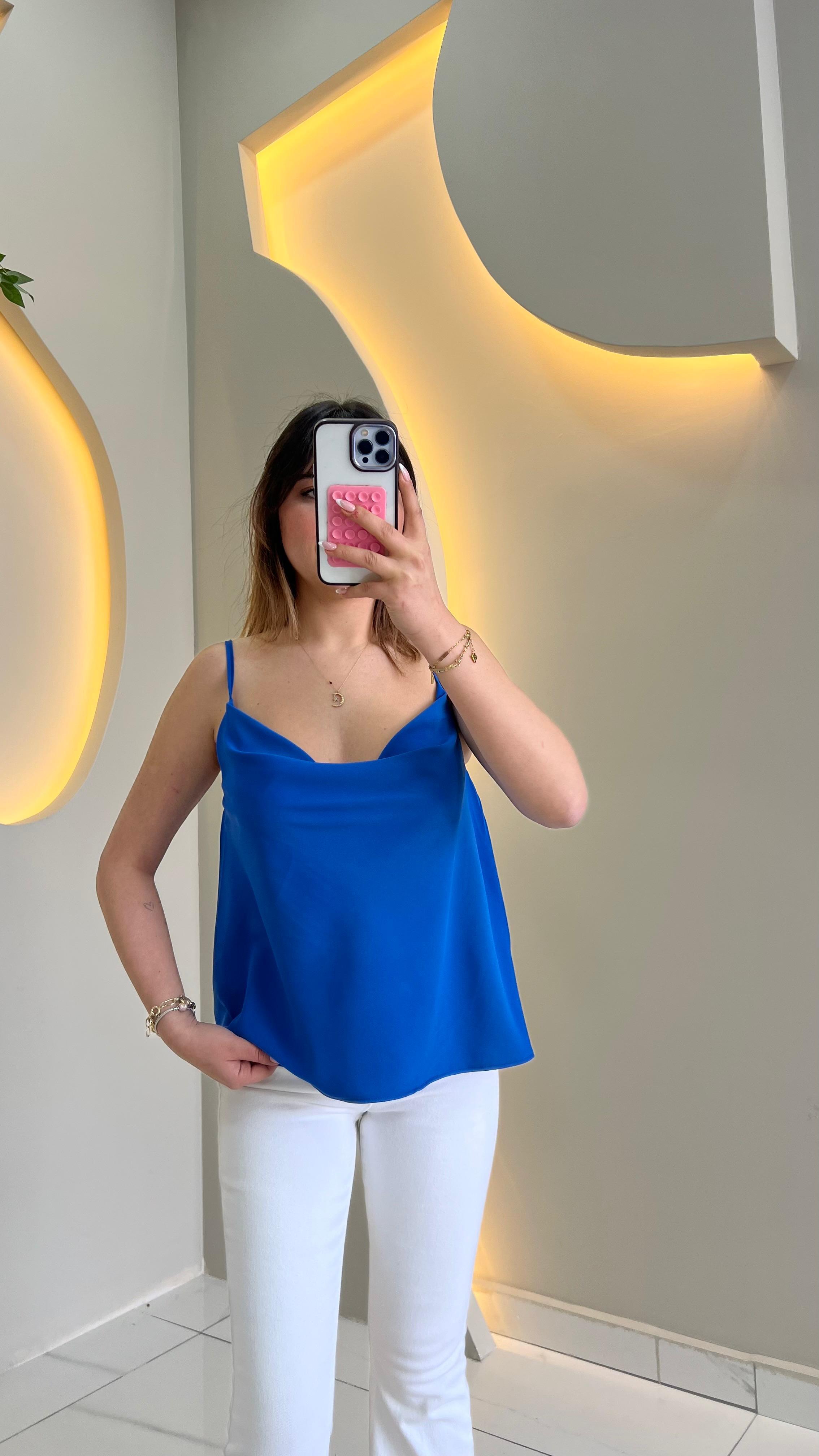 Saks Mavi Askılı Degaje Yaka Bluz