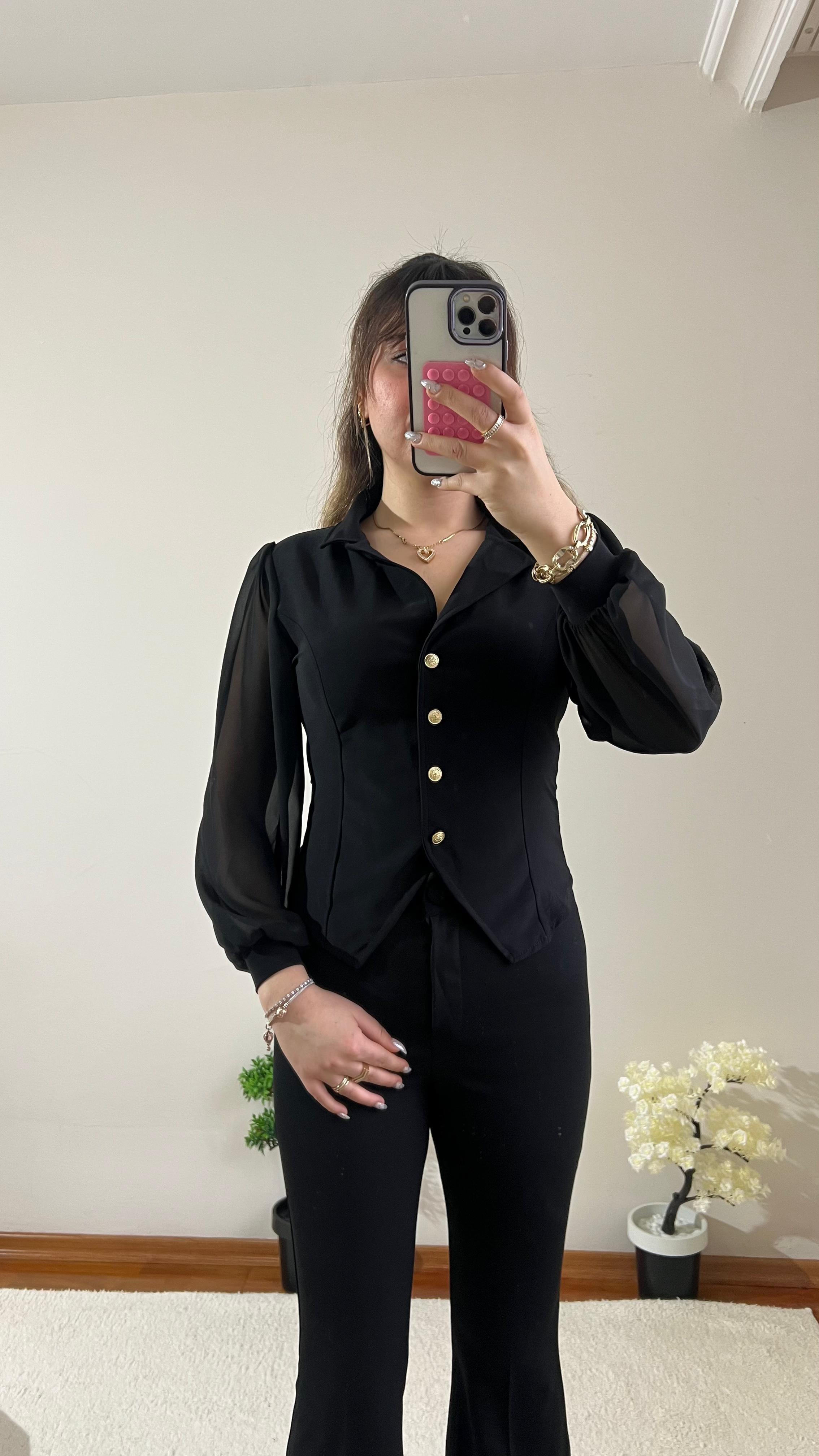 Siyah Krep Şifon Kol Gömlek