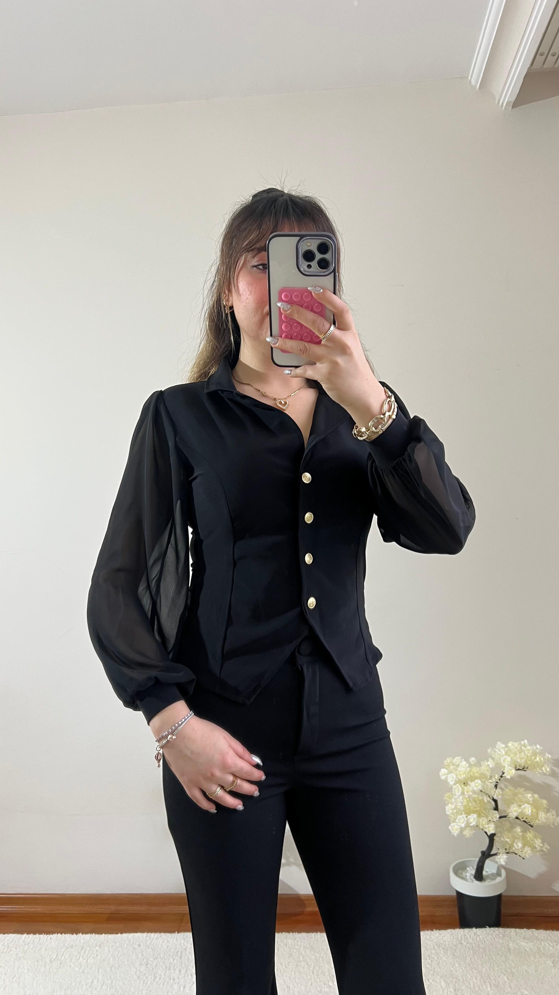 Siyah Krep Şifon Kol Gömlek