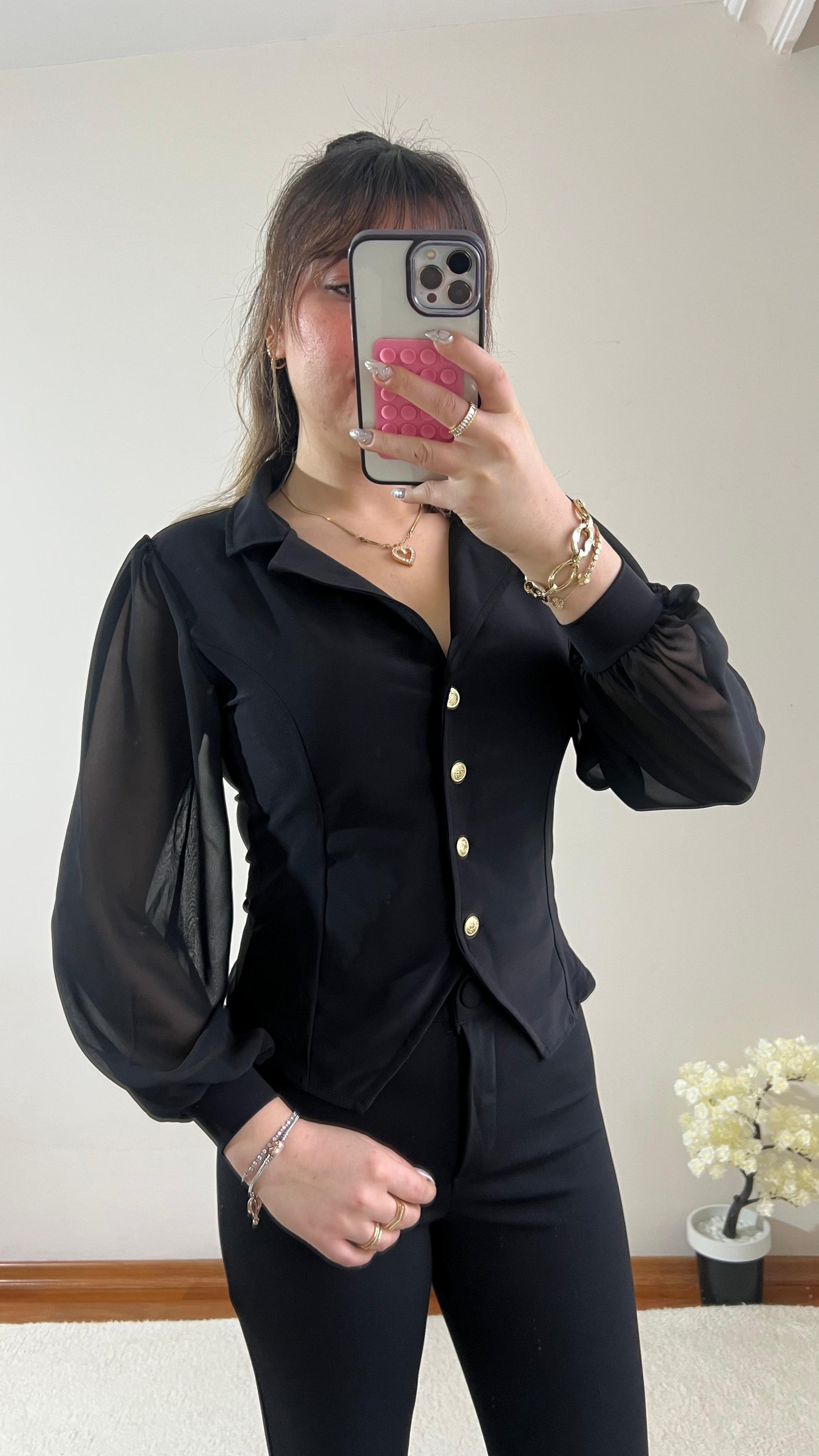 Siyah Krep Şifon Kol Gömlek