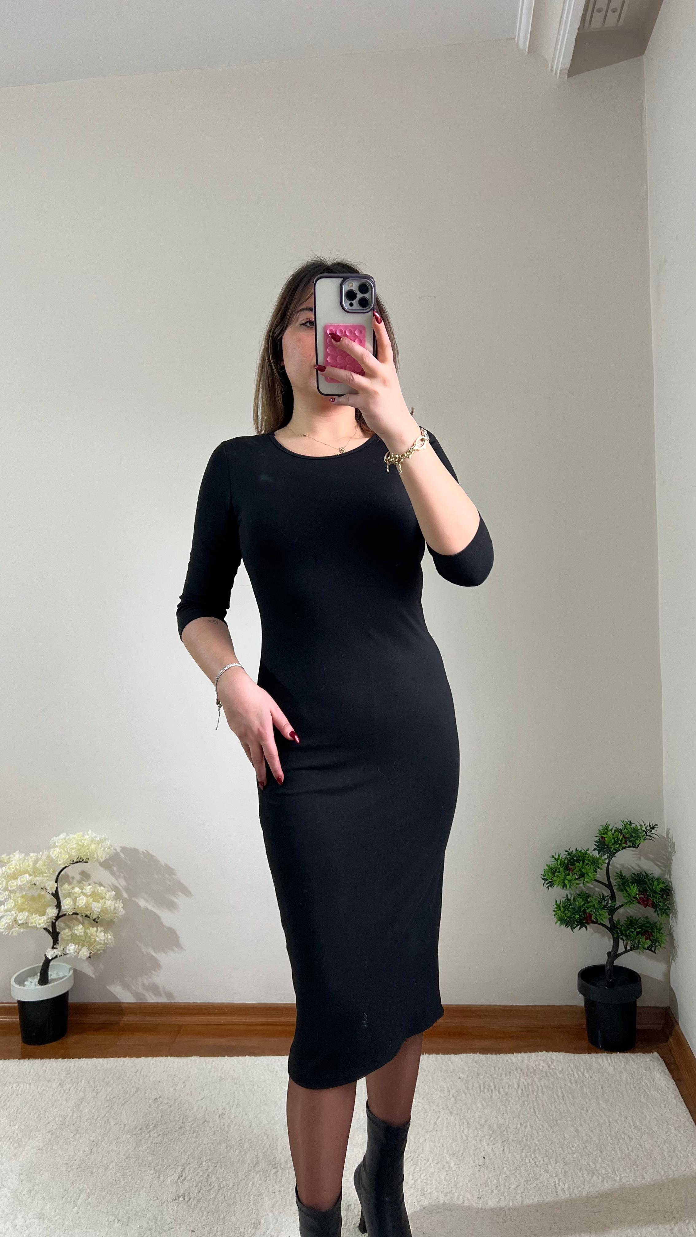 Siyah Midi Boy Elbise