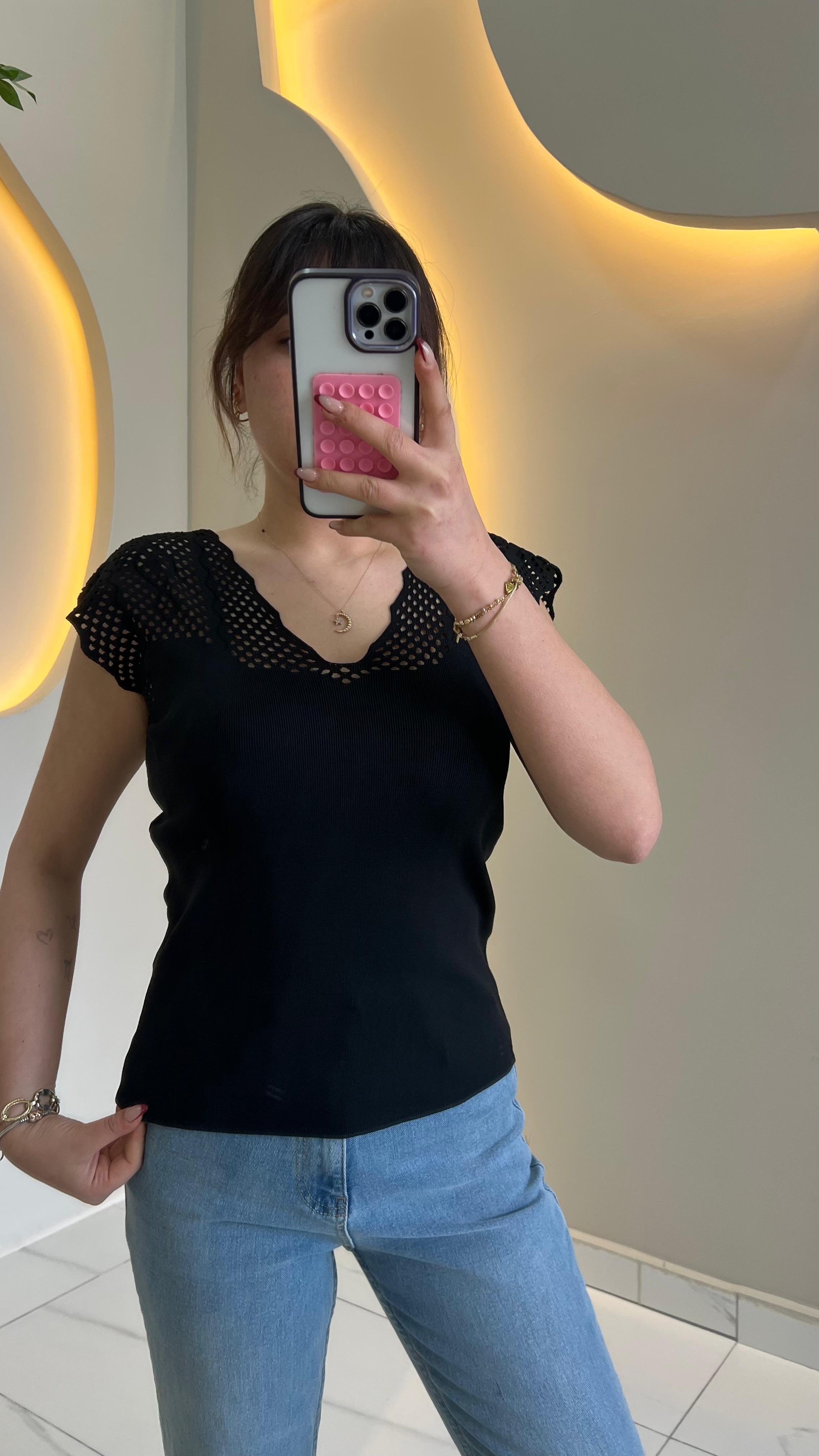Siyah Omuz Detaylı Ajur Merserize