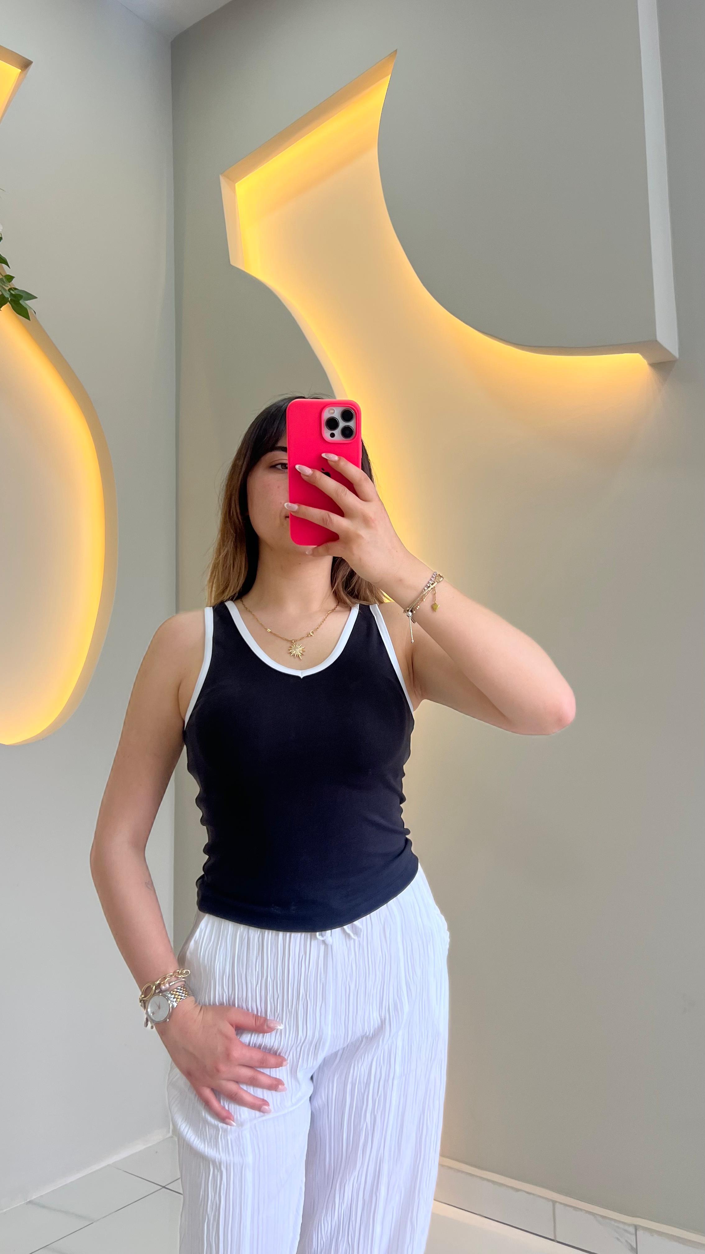 Siyah Pamuklu Biyeli Atlet