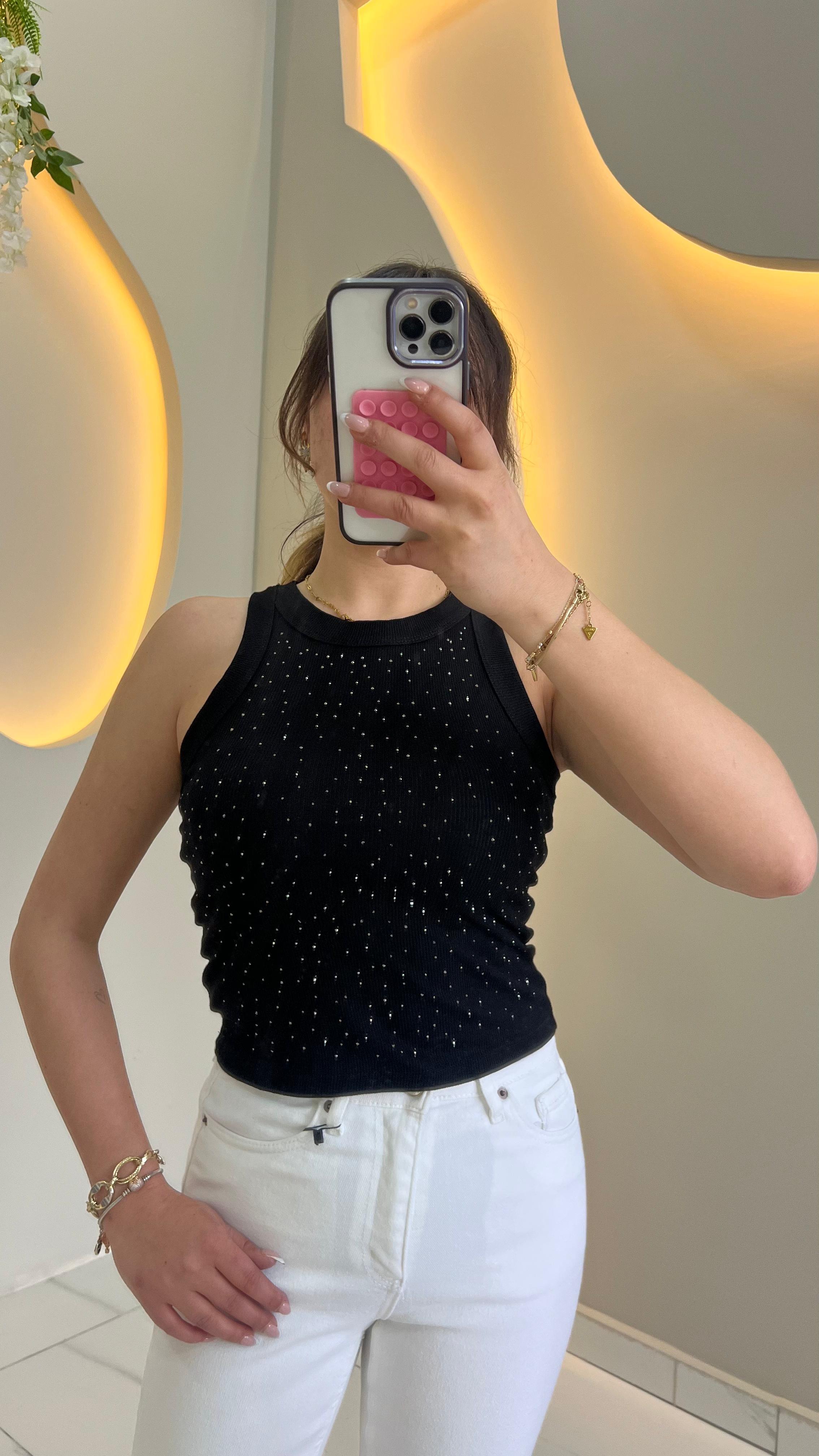 Siyah Taşlı Halter Yaka Body
