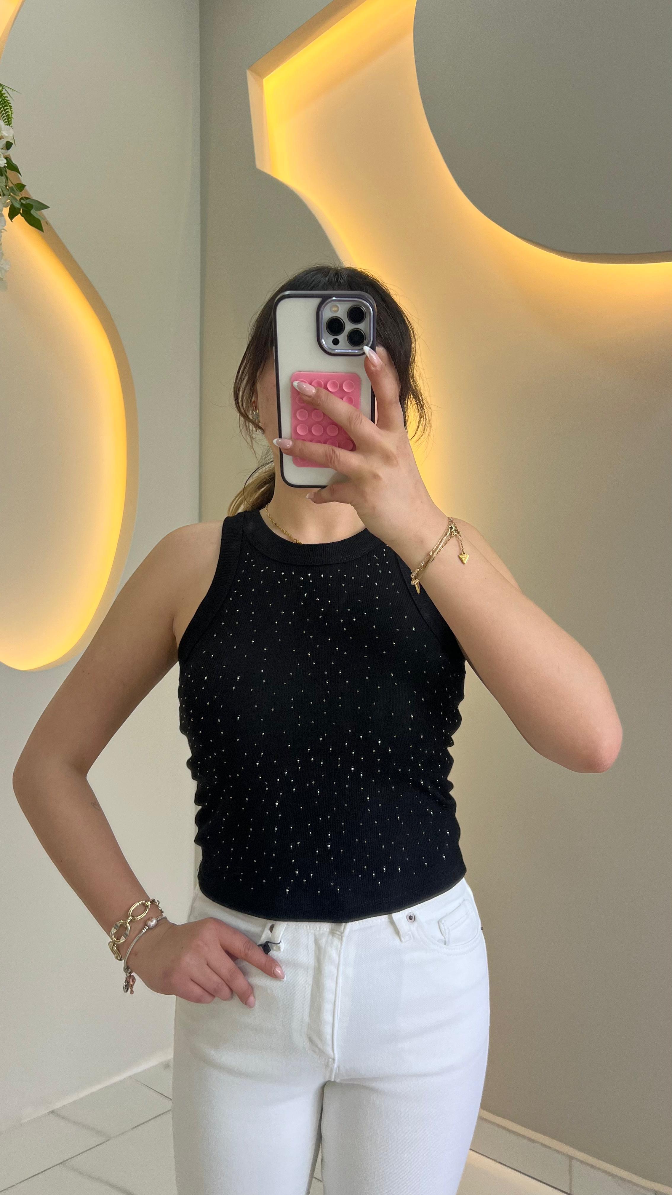 Siyah Taşlı Halter Yaka Body