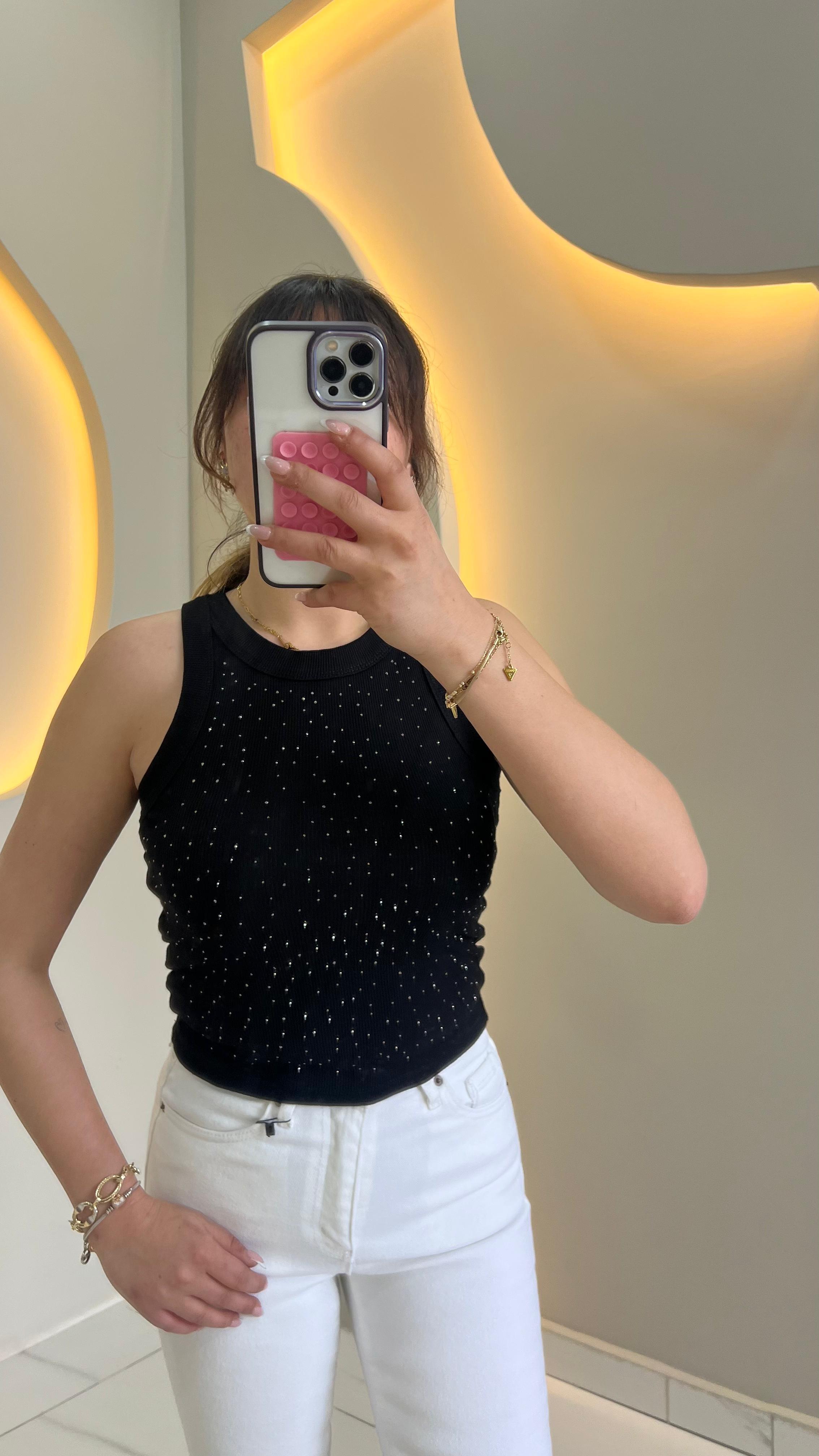 Siyah Taşlı Halter Yaka Body