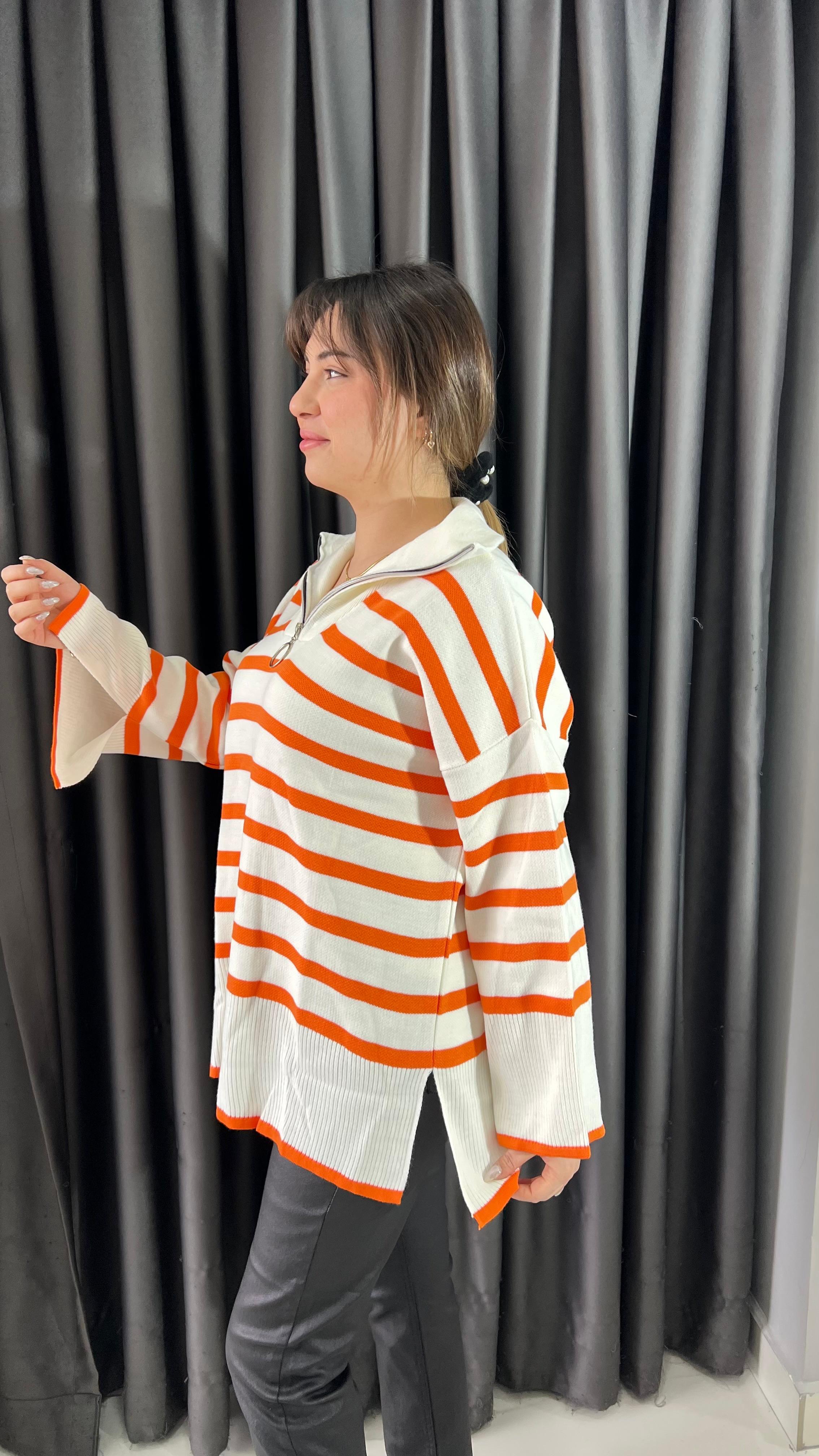 Turuncu Çizgili Çelik Triko