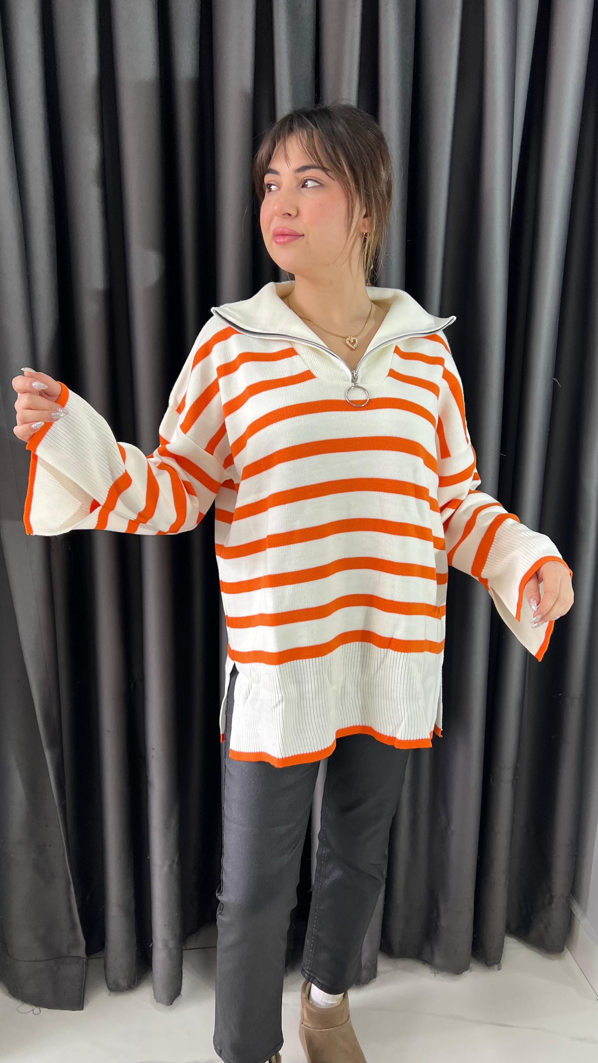 Turuncu Çizgili Çelik Triko