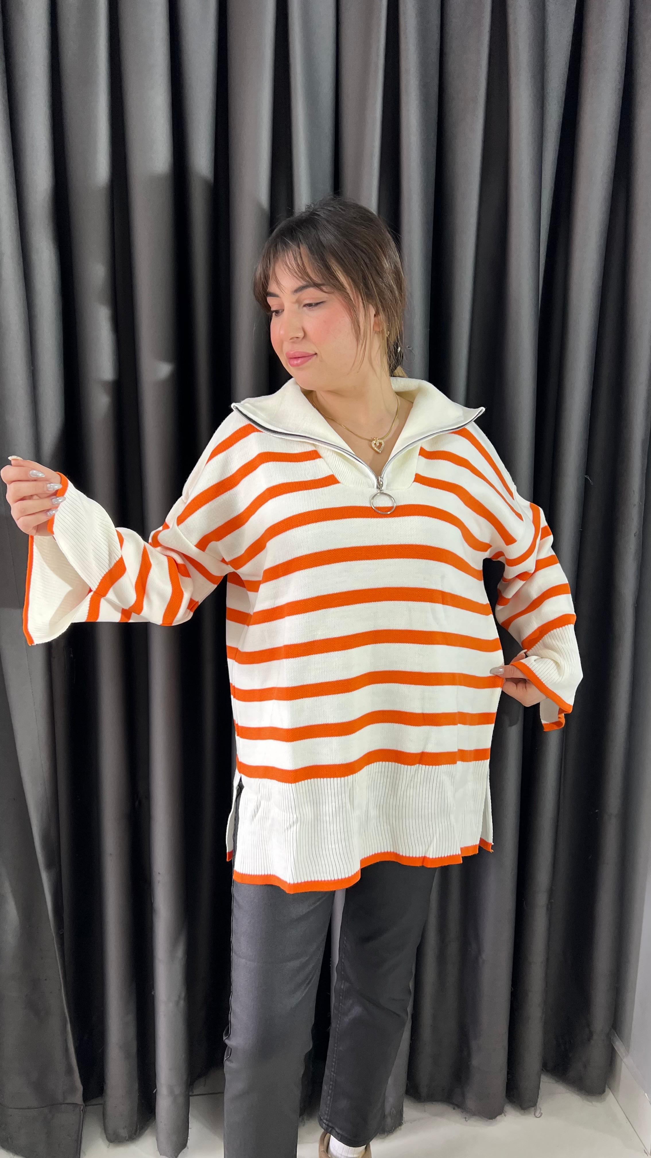 Turuncu Çizgili Çelik Triko