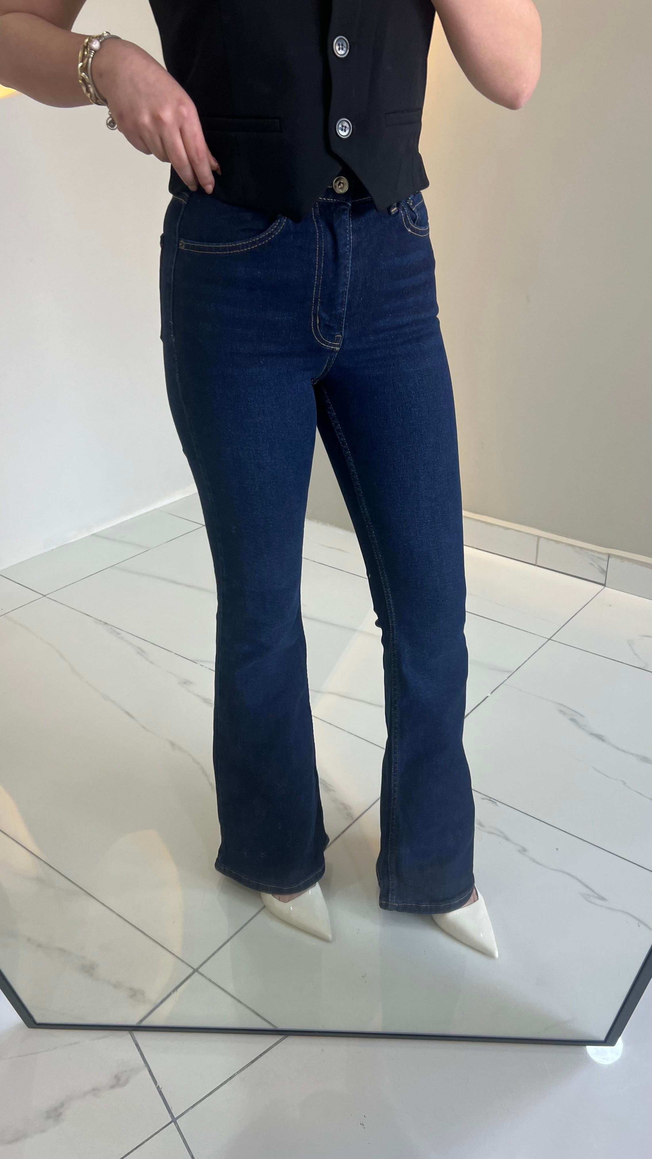 Yüksek Bel Lacivert İspanyol Paça Jean 