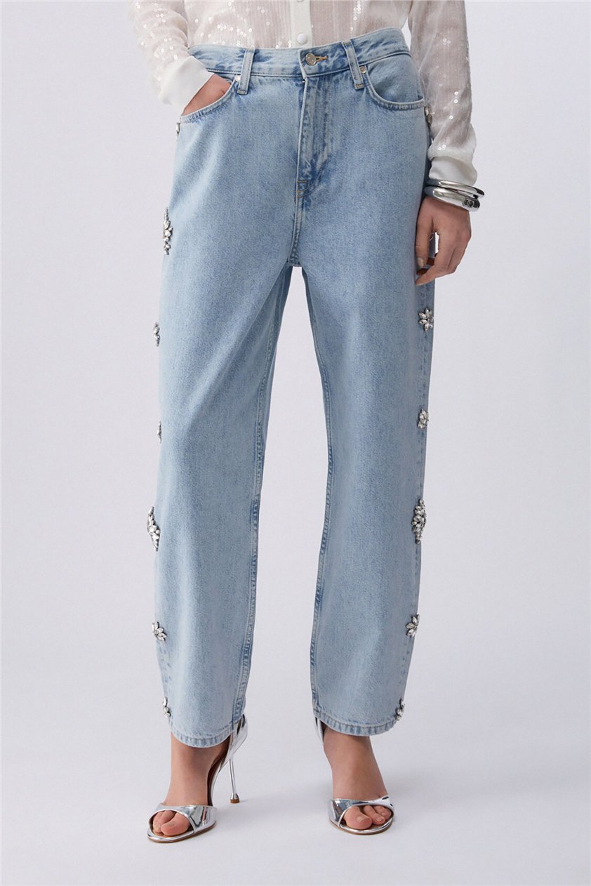 Liu Jo Pant.Straight Studs H.W. Kadın Jean Pantolon Mavi